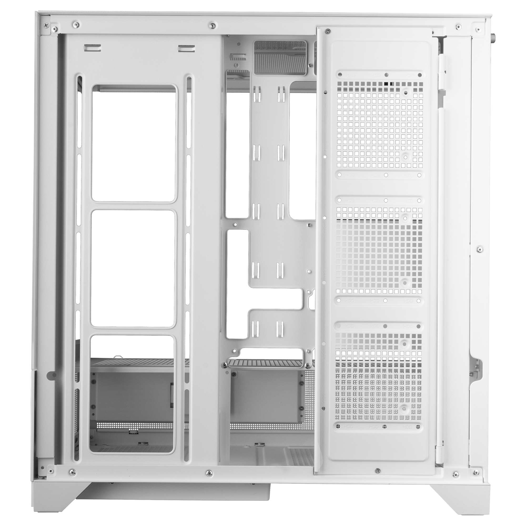Interno di un case per computer bianco. Design aperto con molteplici sezioni, perforazioni e punti di montaggio.