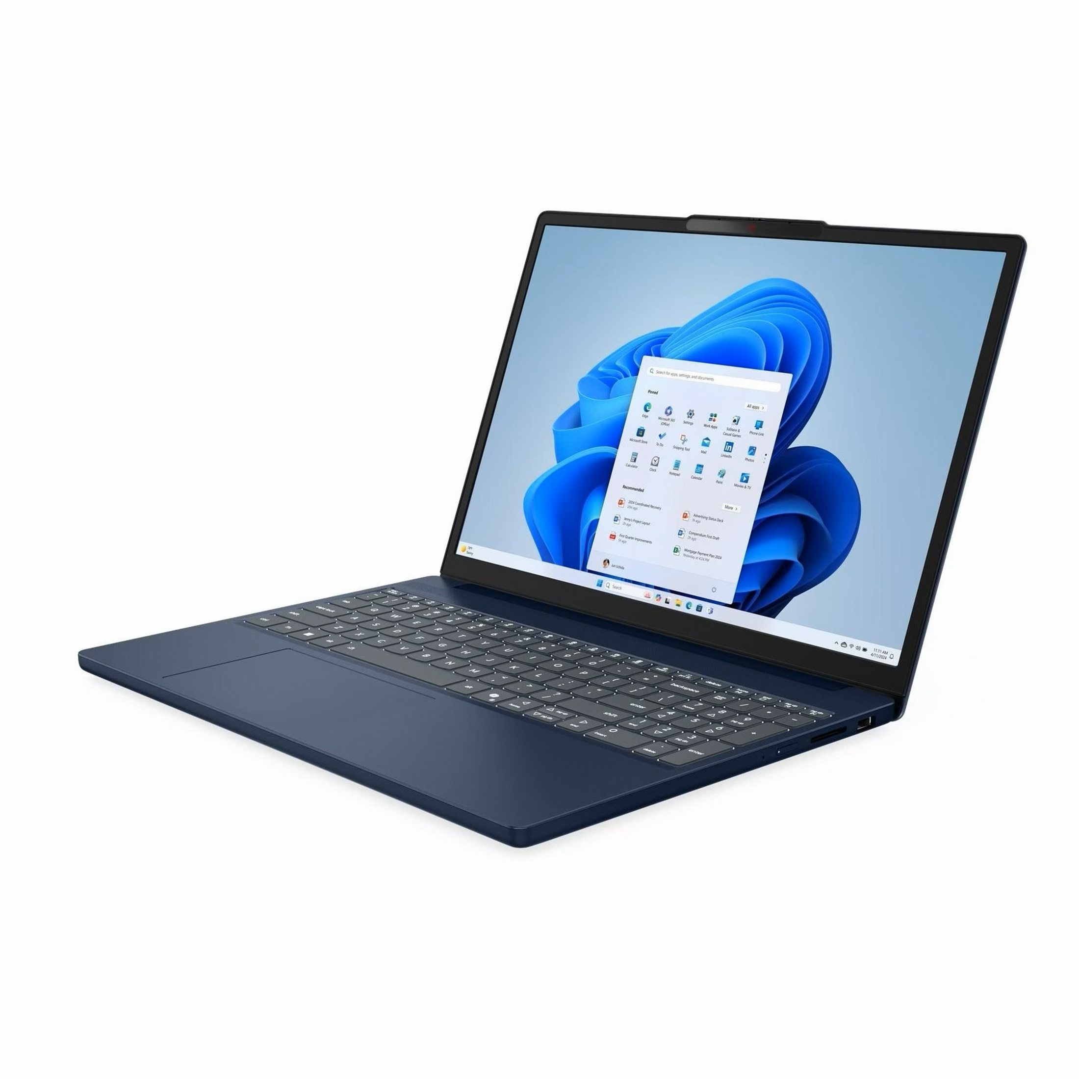 Ein marineblauer Laptop ist geöffnet und zeigt eine Windows 11-Oberfläche. Der Bildschirm zeigt App-Symbole und einen blauen Hintergrund.