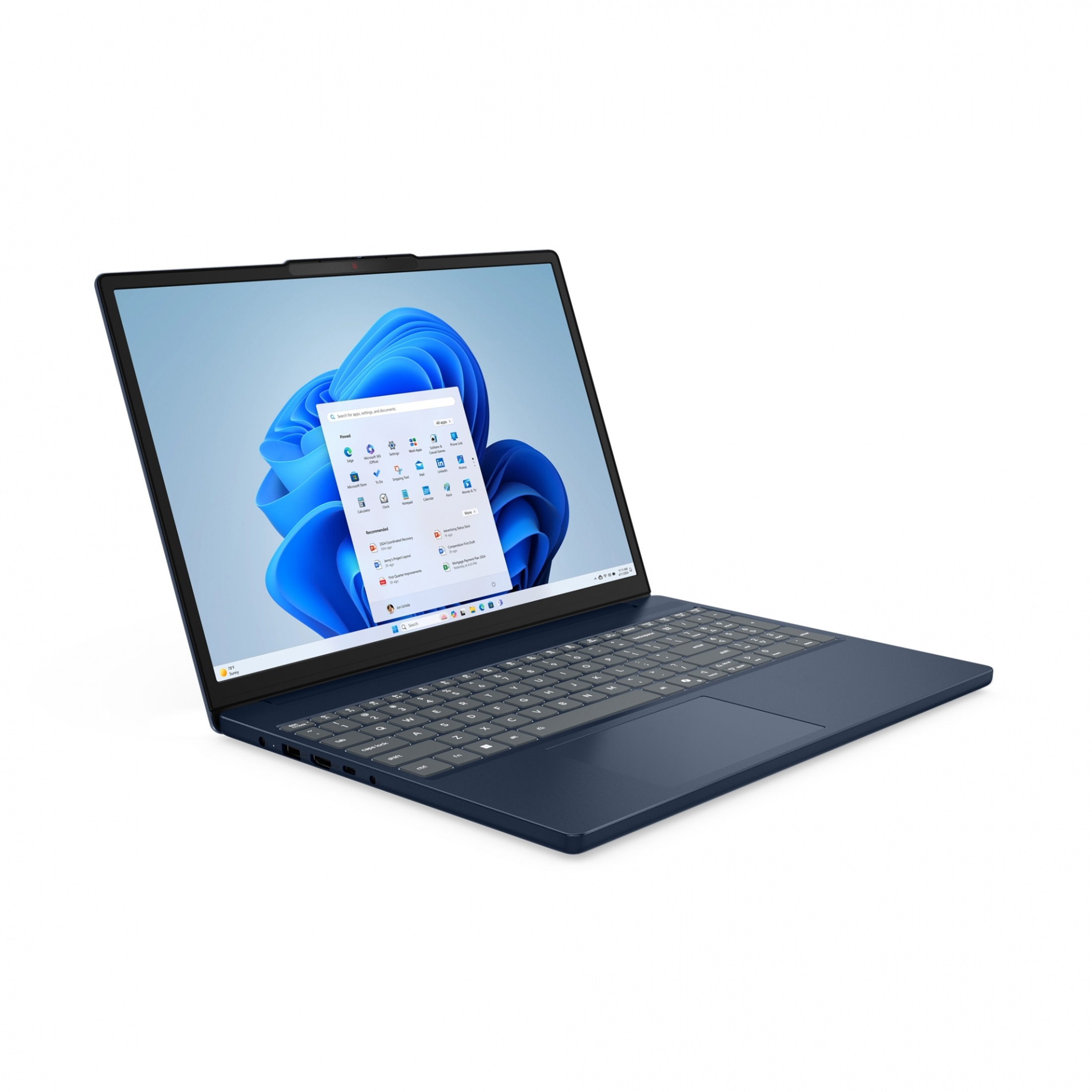 Dunkelblauer Laptop vor weißem Hintergrund, geöffnet mit Windows 11-Oberfläche. Der Bildschirm zeigt App-Symbole.
