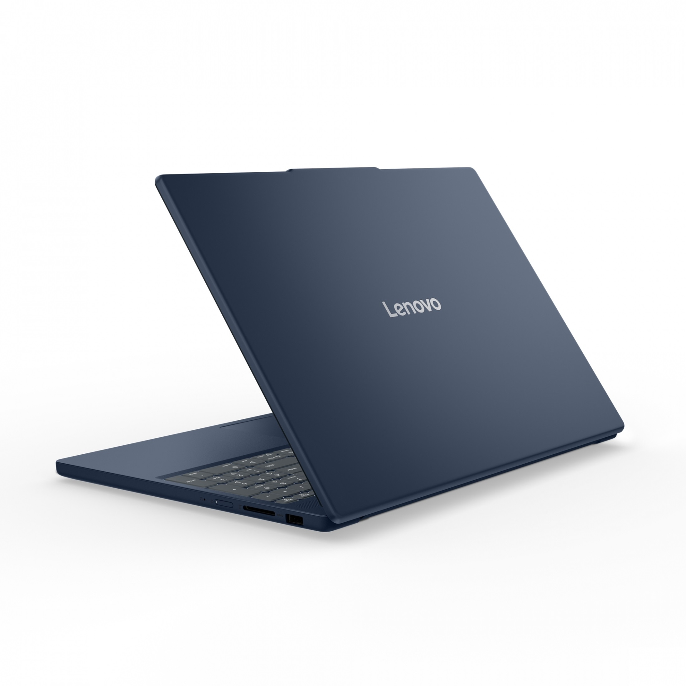 Dunkelblauer Lenovo-Laptop, geöffnet. Tastatur sichtbar, Lenovo-Logo auf dem Deckel. Weißer Hintergrund.