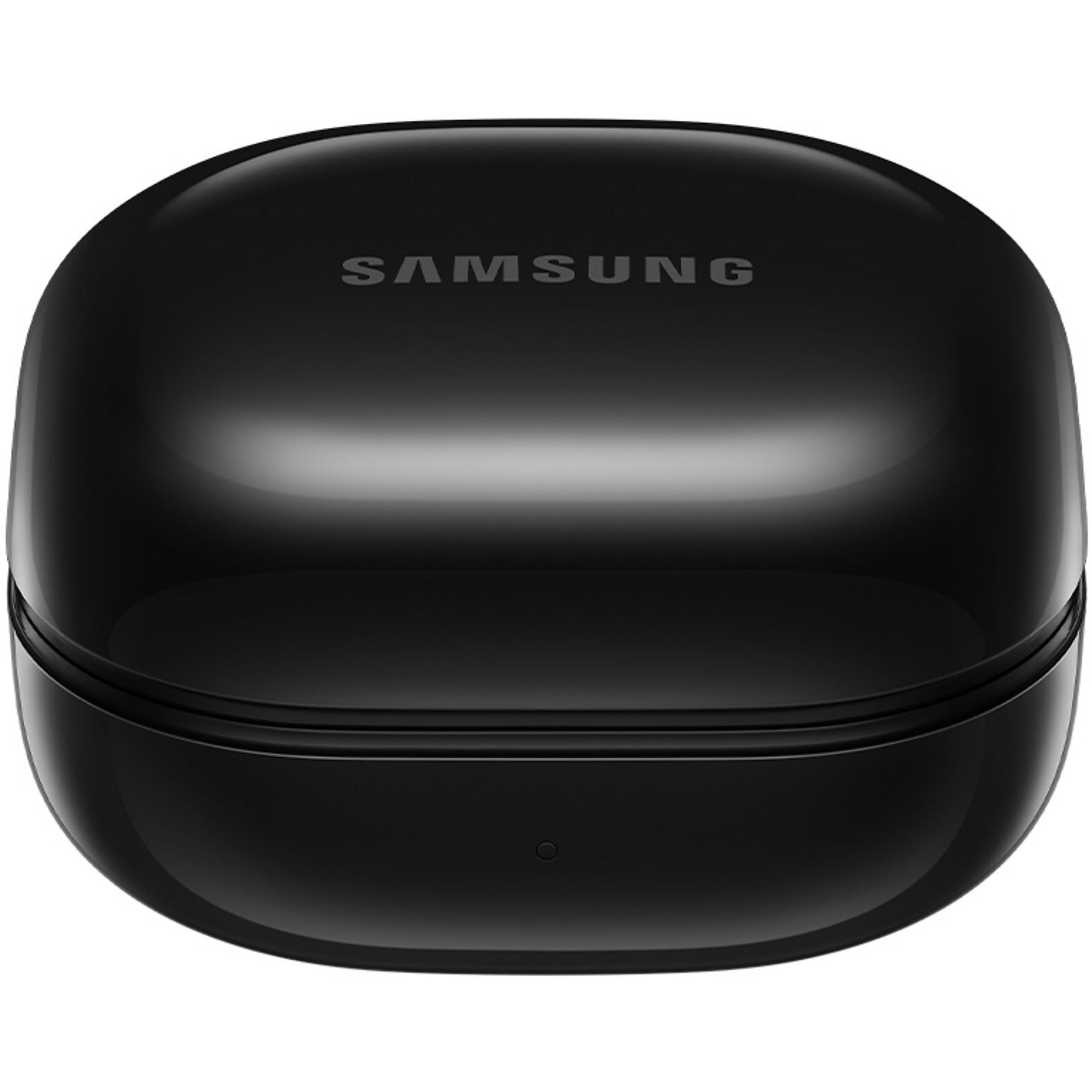 Siyah Samsung kulaklık kutusu. Üstünde marka adı yazan yuvarlak şekil.