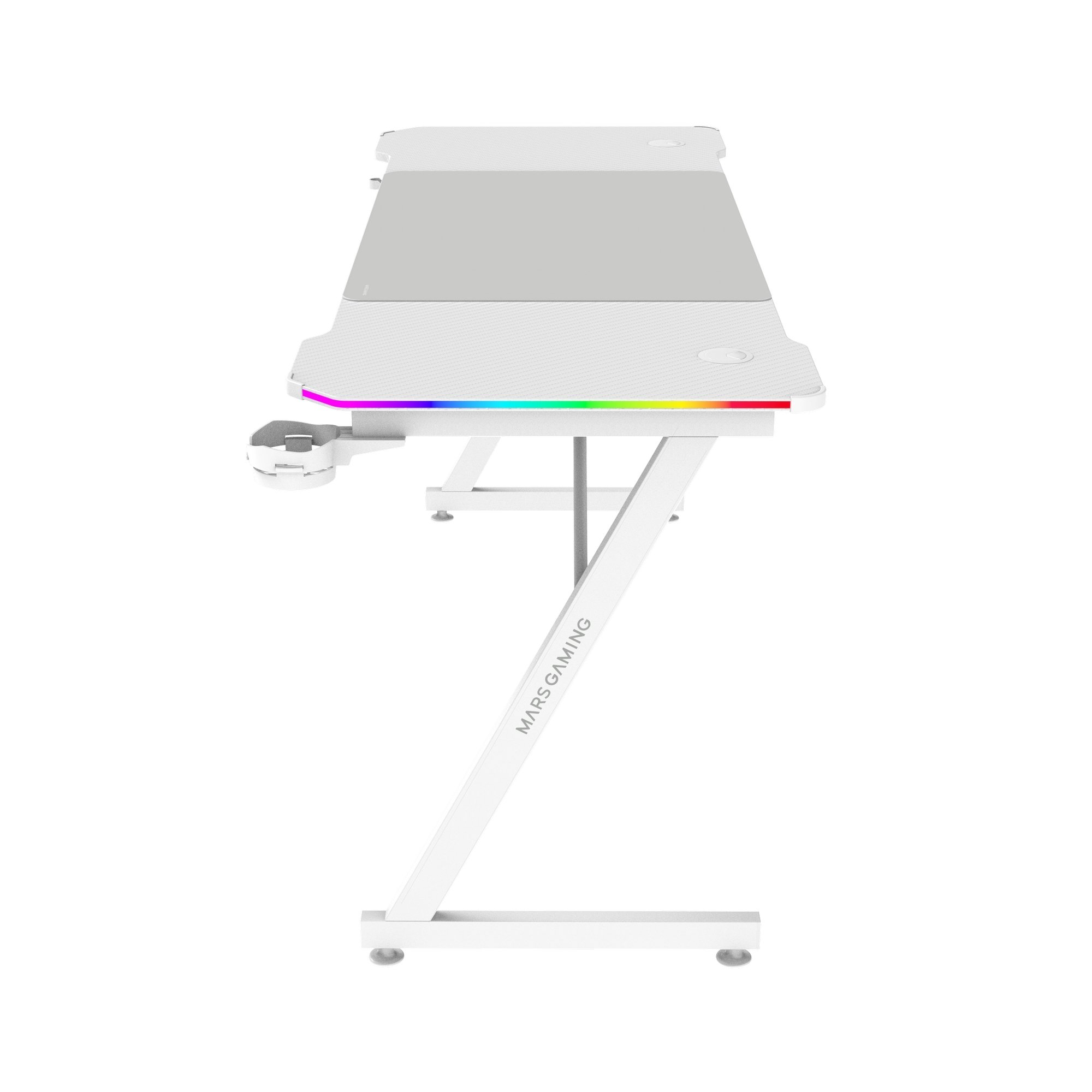 Un escritorio de juegos blanco con una alfombrilla de ratón gris. Tiene una tira de LED de colores en el borde frontal y 'MARS GAMING' en la pata.