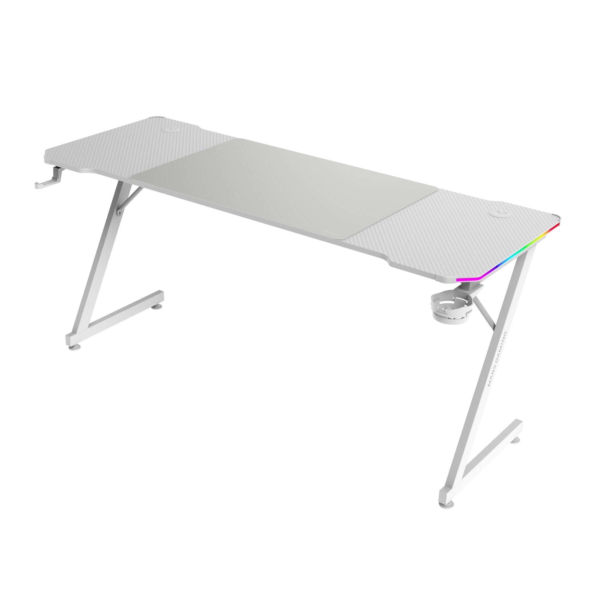 Un escritorio gaming blanco con patas en forma de Z. Tiene un portavasos y luces LED en el borde.