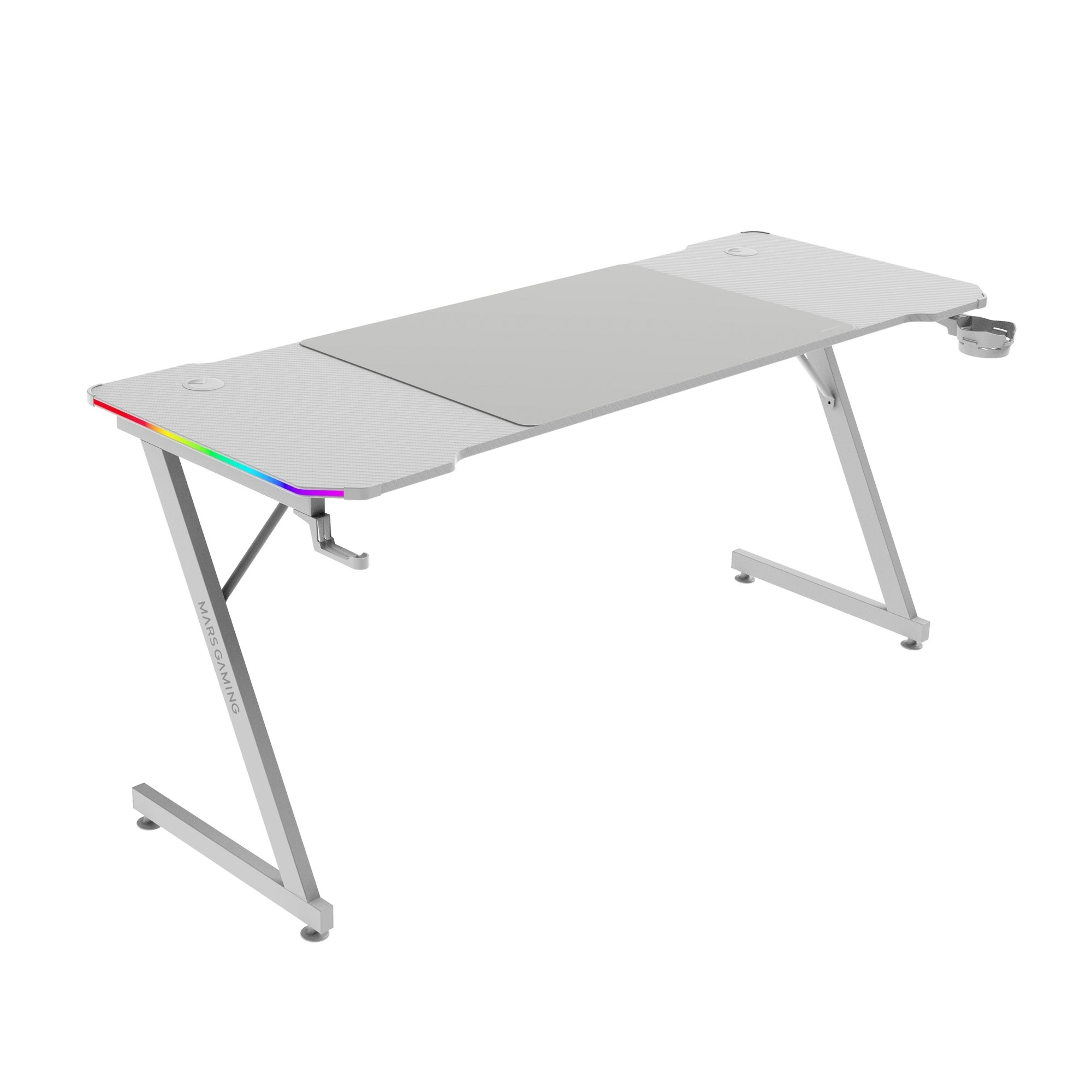 Un escritorio de juegos blanco con superficie gris y luces RGB, el logo MARS GAMING es visible.