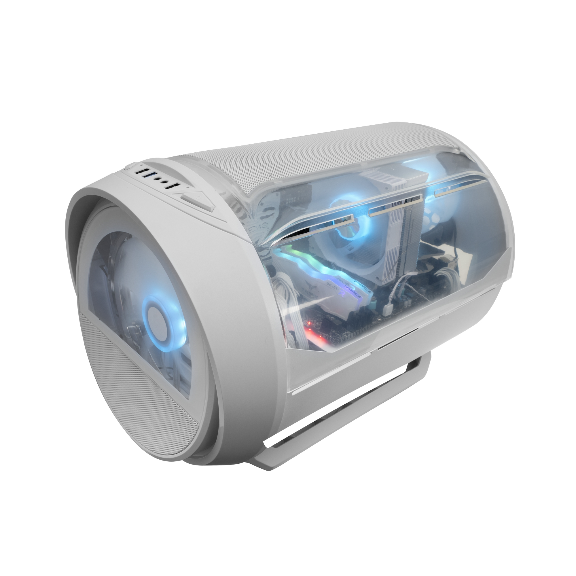 Un case per PC bianco e trasparente, forma cilindrica, con componenti interni visibili e illuminazione blu.