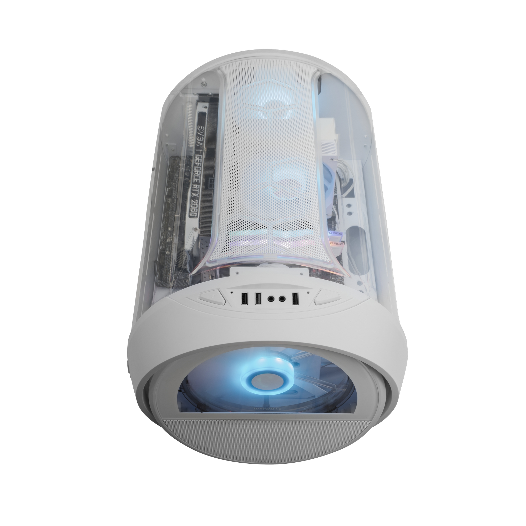 Case PC bianco con lato trasparente, che mostra i componenti interni. Ventole blu illuminate visibili. Scheda EVGA RTX 2060 all'interno.