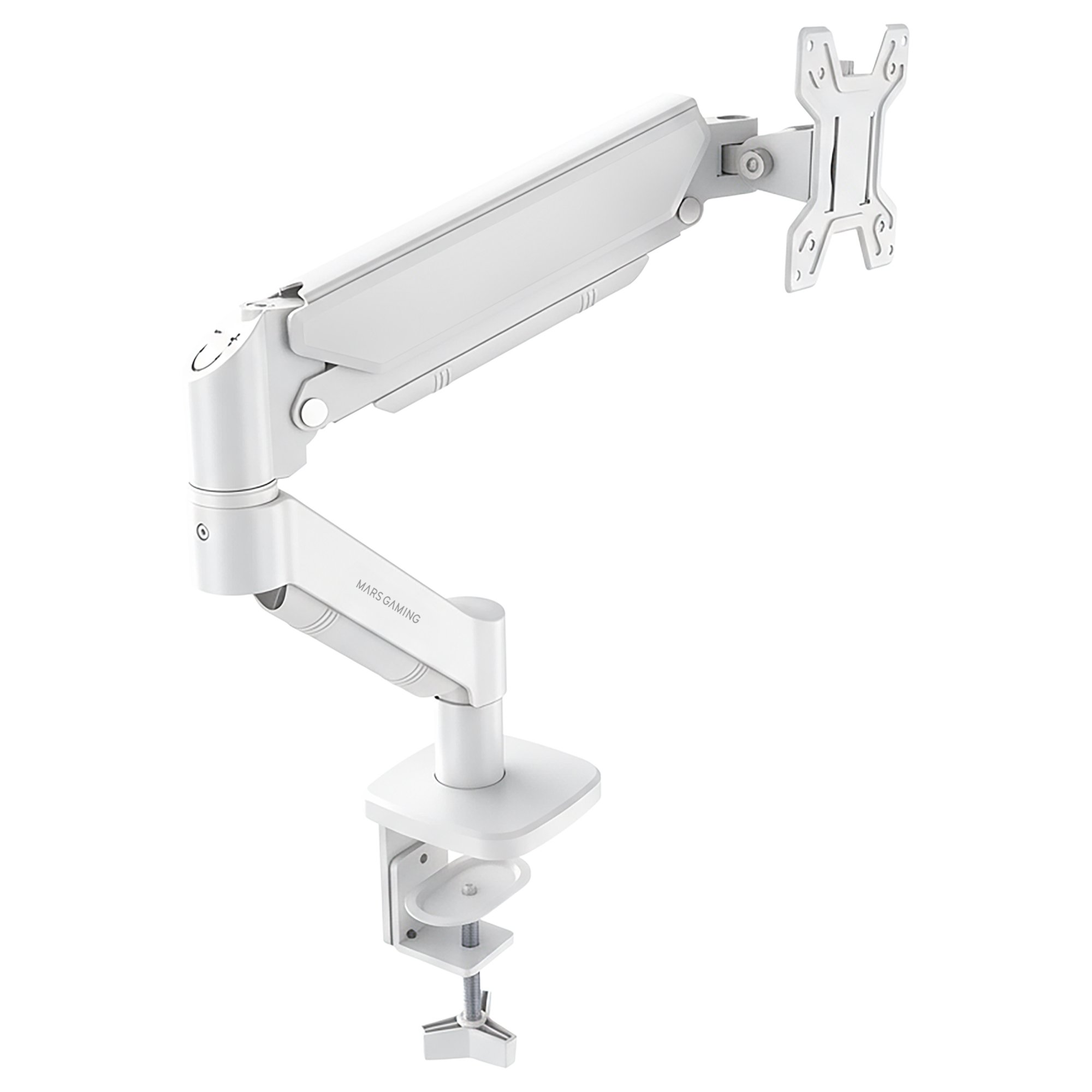 Un brazo de monitor blanco con base de abrazadera sobre fondo blanco. Tiene varias juntas y la etiqueta 'MARS GAMING'.