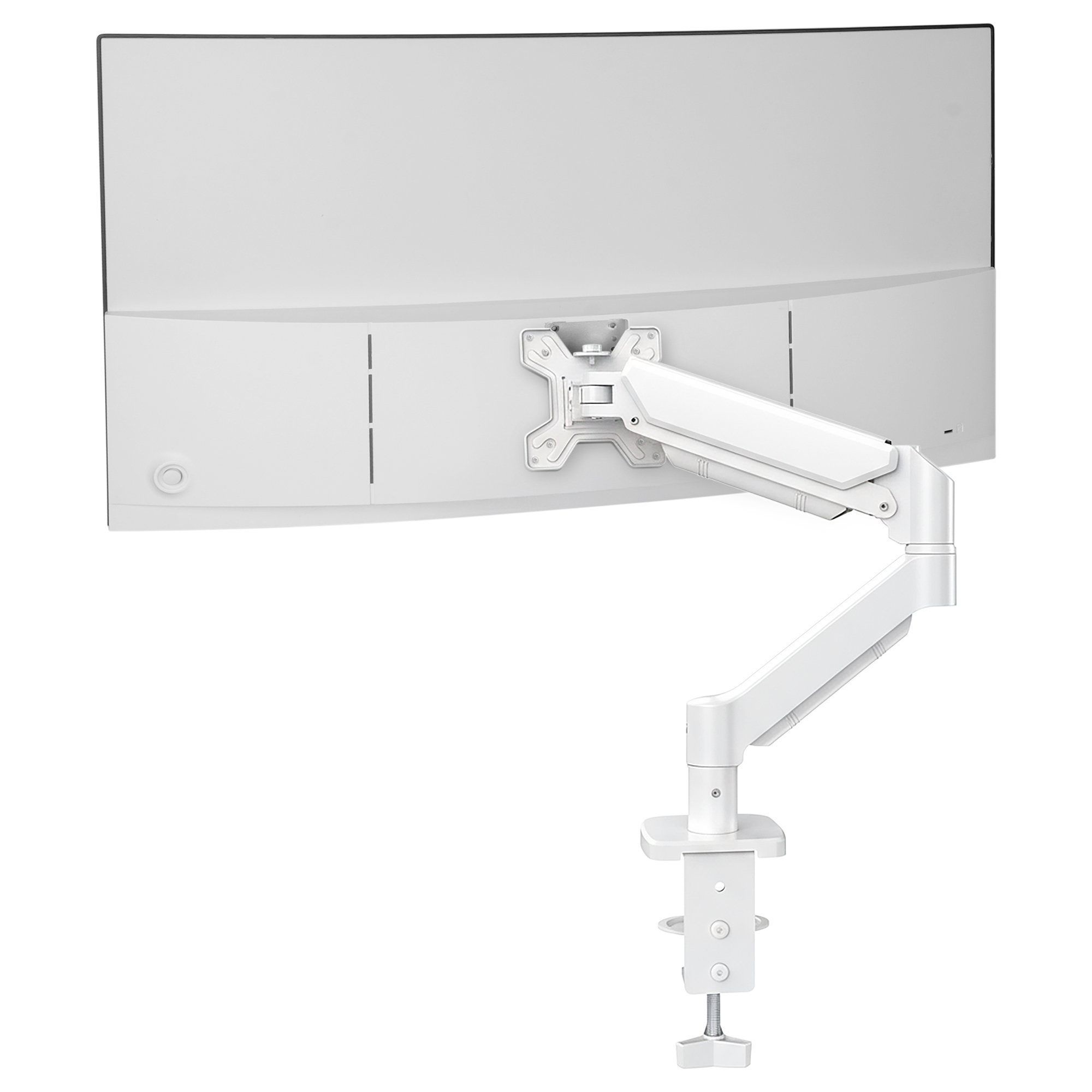 Un monitor blanco y un soporte de brazo sobre fondo blanco. El monitor es curvo. El soporte del brazo está adjunto.