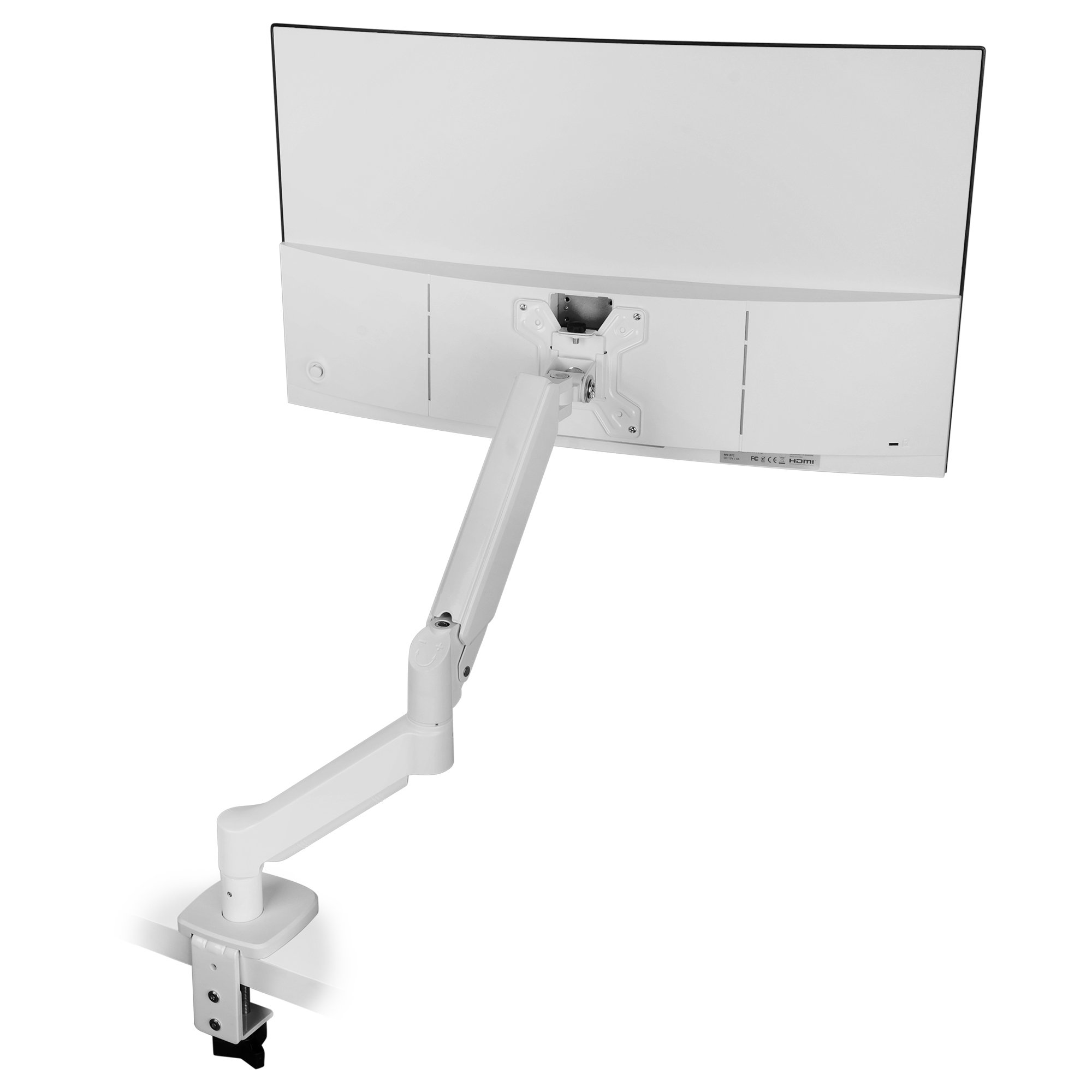 Un monitor blanco curvo está montado en un brazo ajustable blanco. Está sujeto a un escritorio blanco.