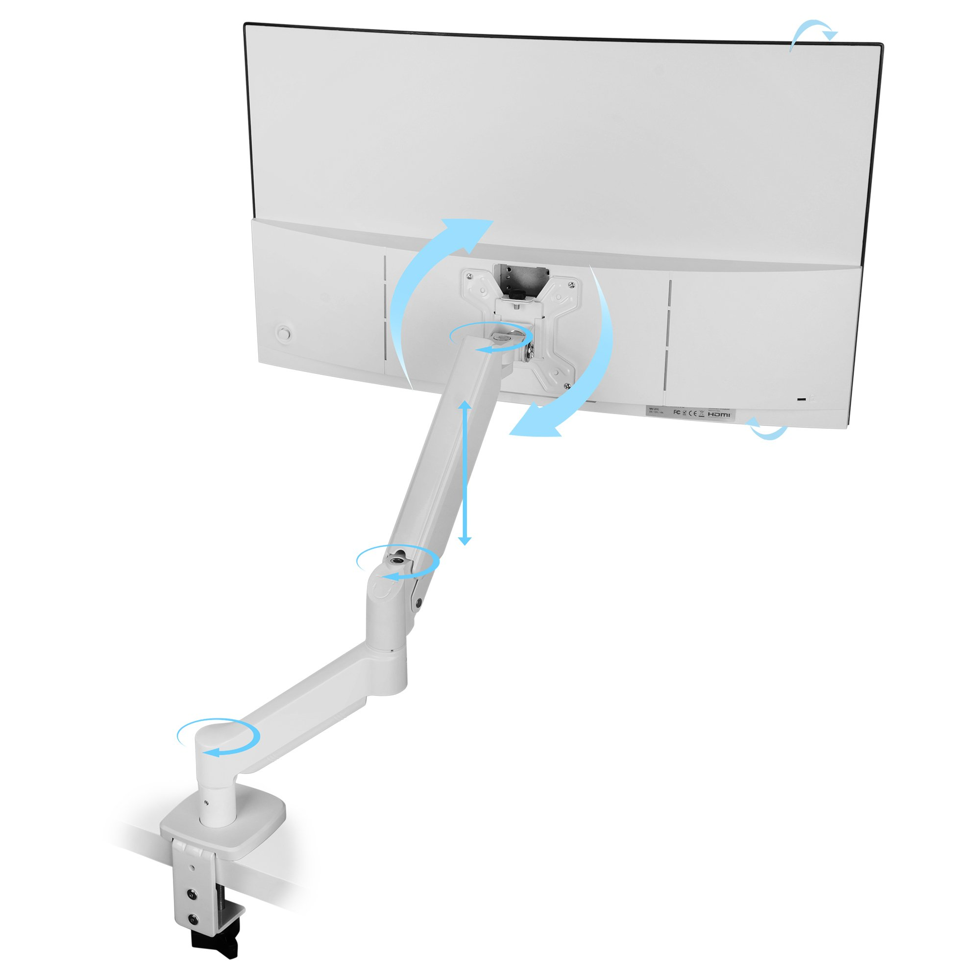 Un brazo de monitor blanco que sostiene una pantalla curva. Las flechas muestran movimientos de ajuste. El brazo está montado en un escritorio blanco.