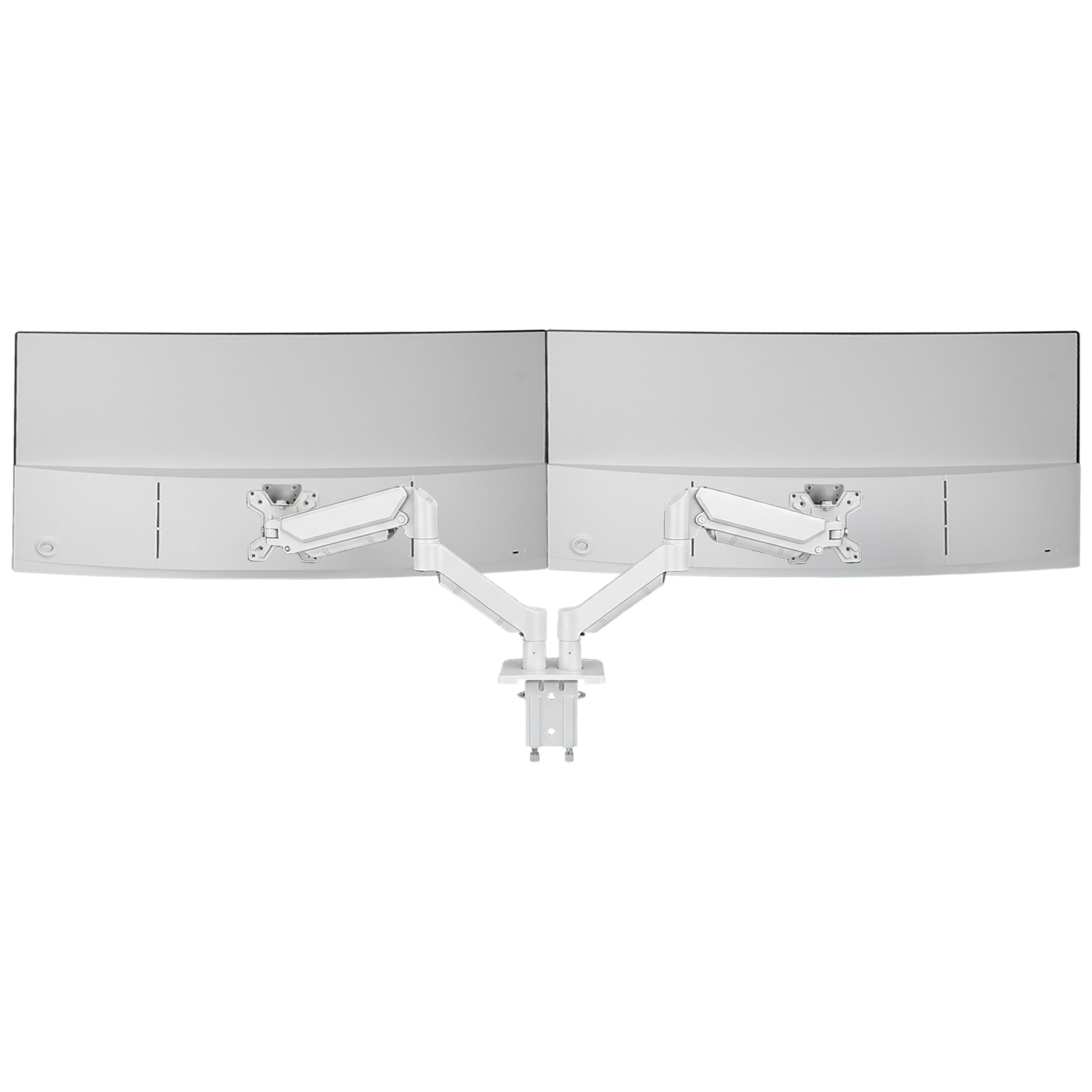 Due monitor curvi per computer su bracci articolati bianchi, montati su un morsetto bianco. Sfondo bianco.