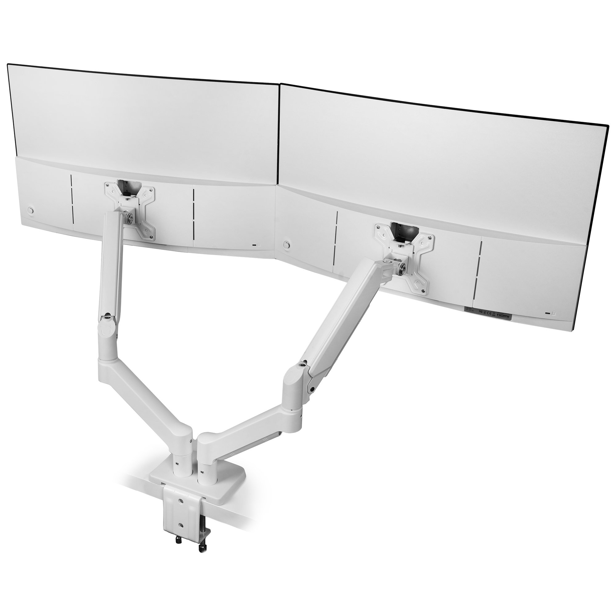 Due monitor di computer bianchi montati su un braccio articolato bianco, visti da dietro. Gli schermi sono vuoti.
