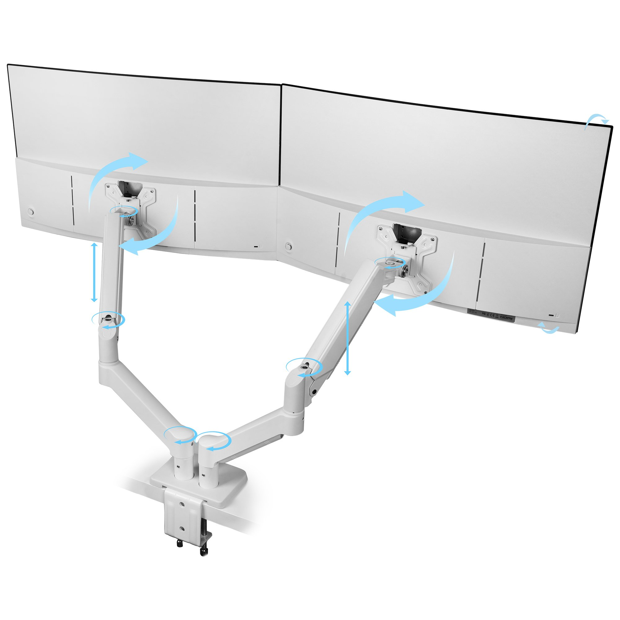 Configurazione dual monitor bianca con bracci articolati, frecce che indicano le regolazioni. Monitor curvi con sfondo bianco.