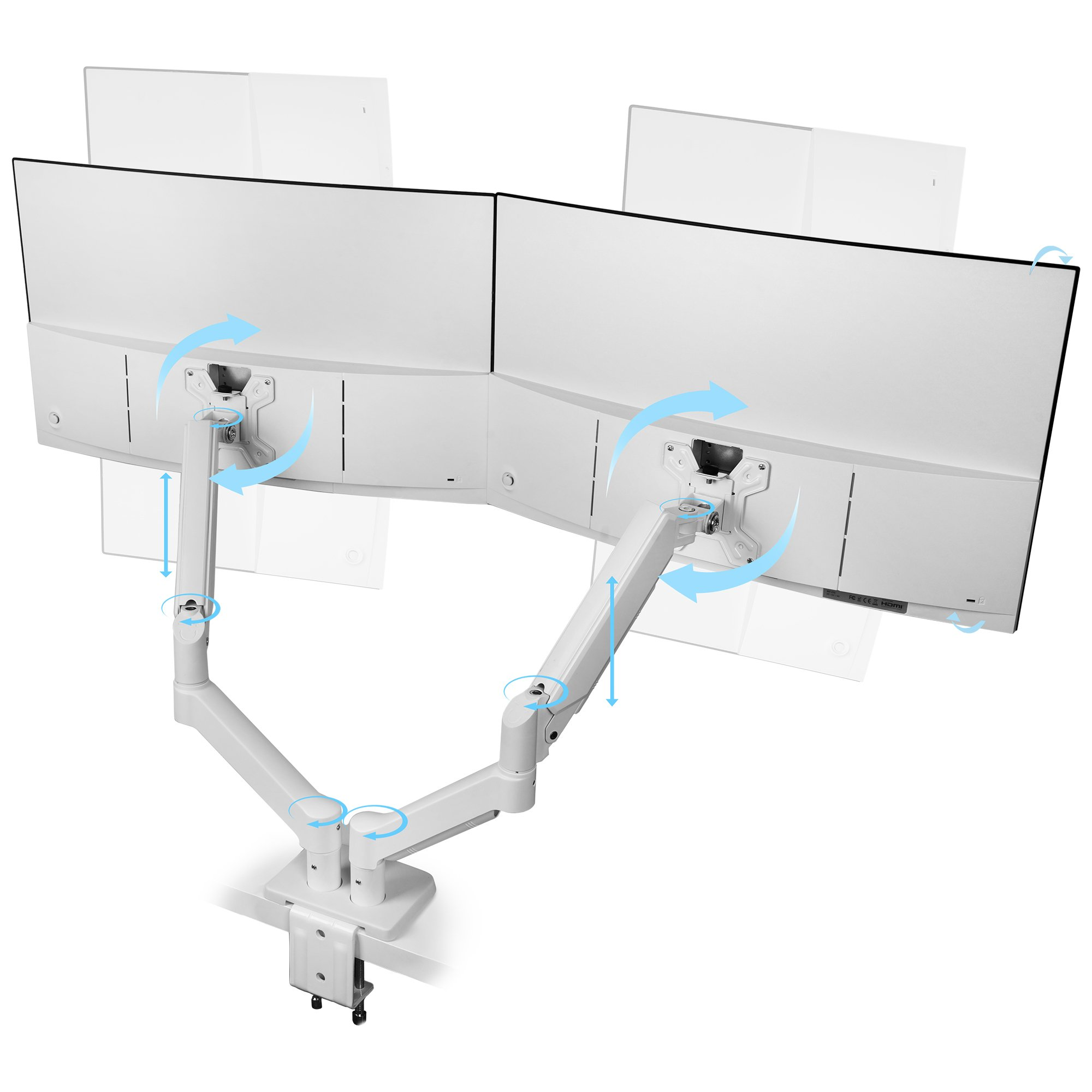 Due monitor bianchi curvi su braccio regolabile. Frecce indicano il movimento. Sfondo bianco.