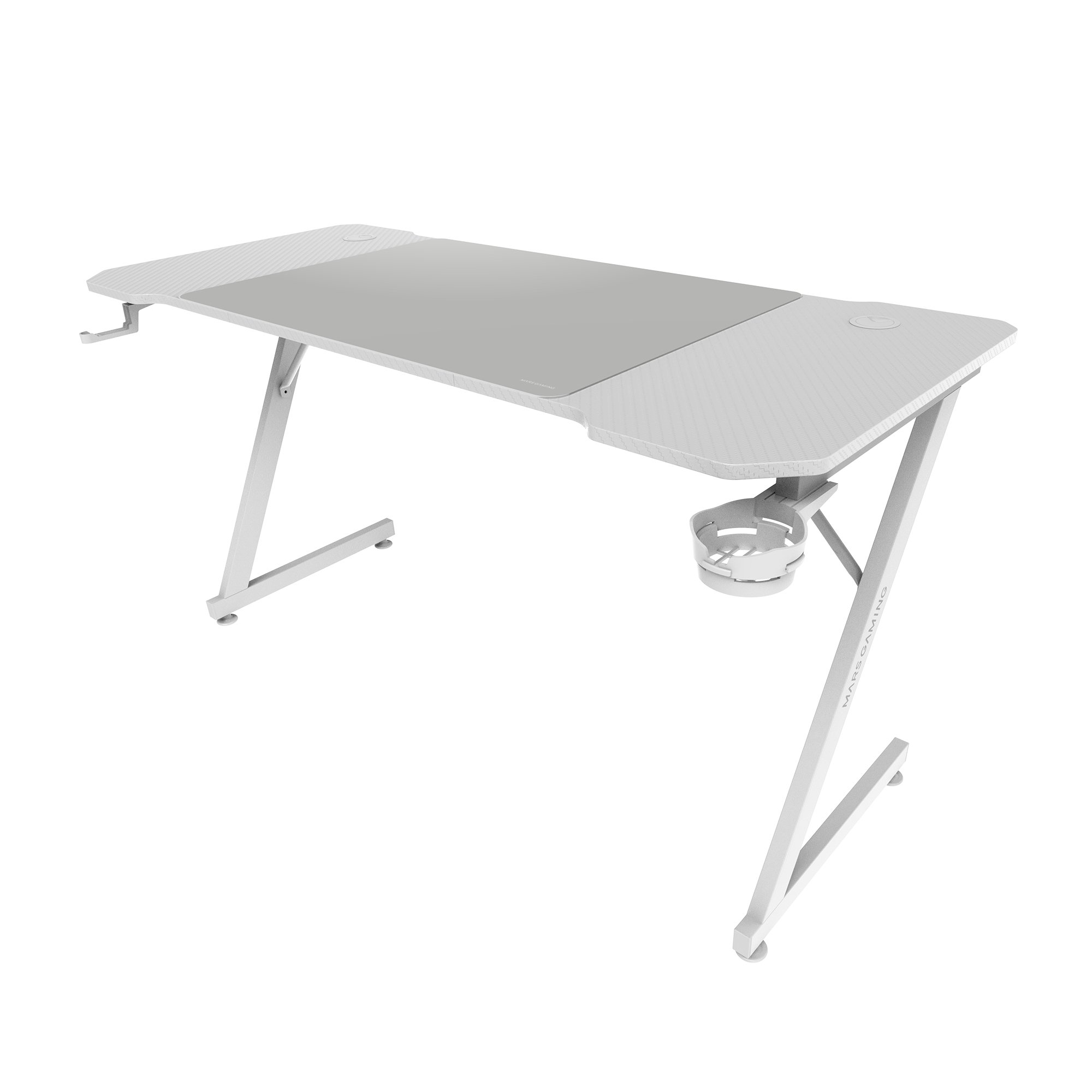 Escritorio gaming blanco con superficie gris. Tiene un portavasos y un gancho para auriculares. Patas en forma de Z.