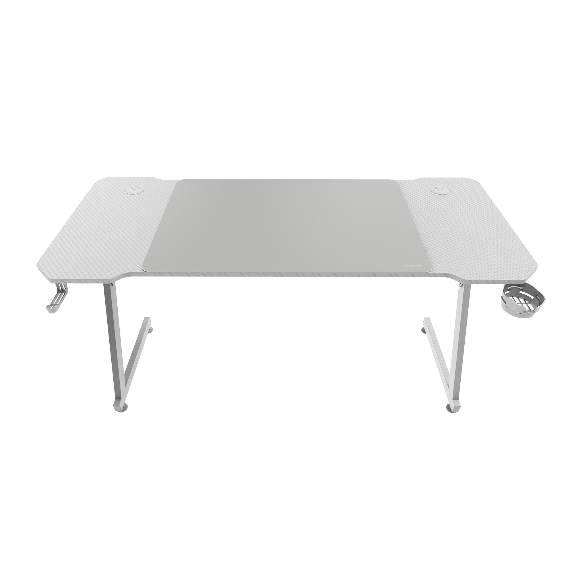 Escritorio de juego blanco con centro gris. Tiene portavasos, gestión de cables y patas en forma de V.