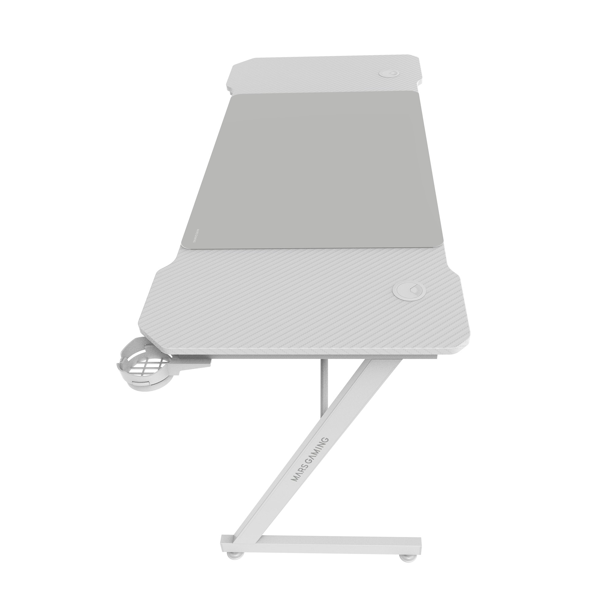 Escritorio gaming con tapa gris y patas blancas. Tiene un portavasos y la marca MARS GAMING es visible.