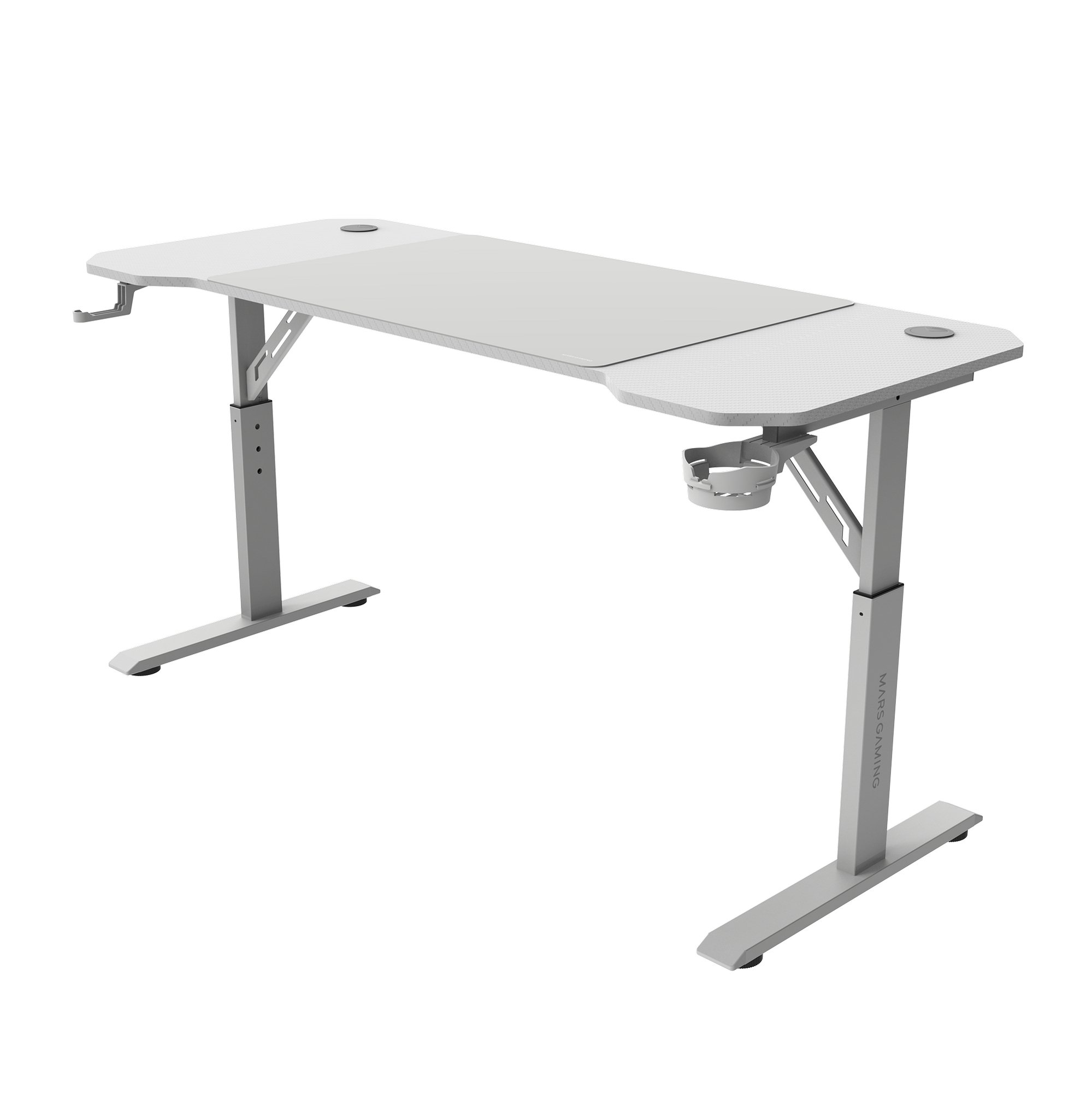 Un escritorio de juegos blanco con altura ajustable. Tiene un portavasos y gestión de cables. La marca Mars Gaming es visible.