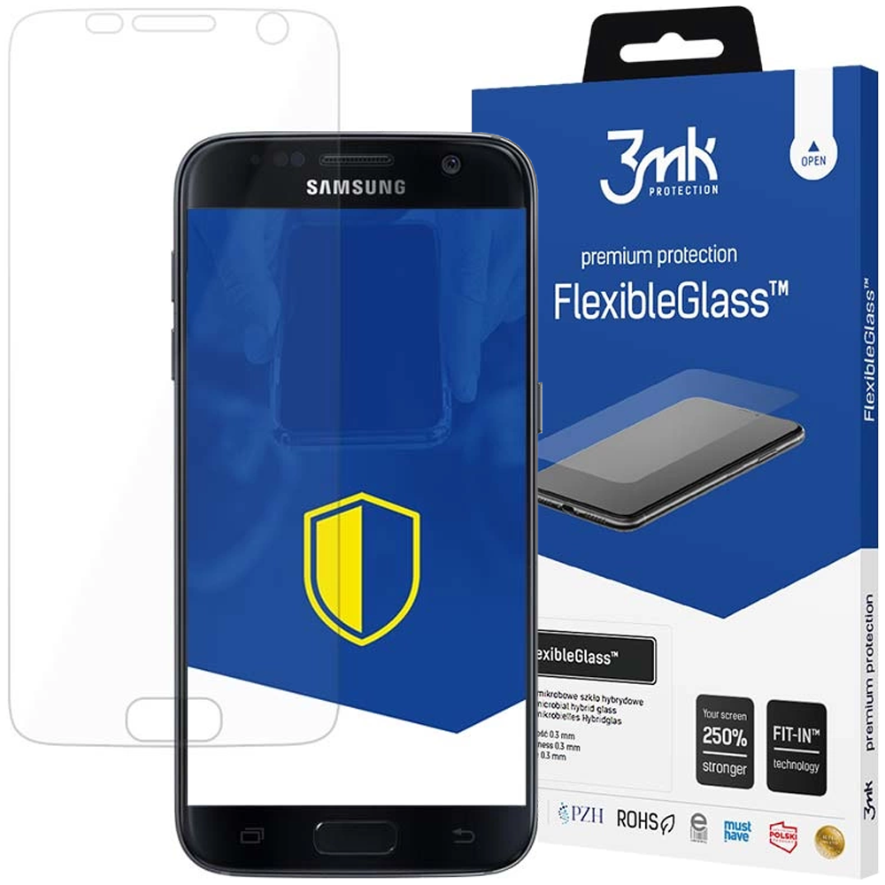 Un telefono Samsung, una protezione per lo schermo e una scatola FlexibleGlass sono visualizzati. Il telefono ha un logo a scudo giallo.