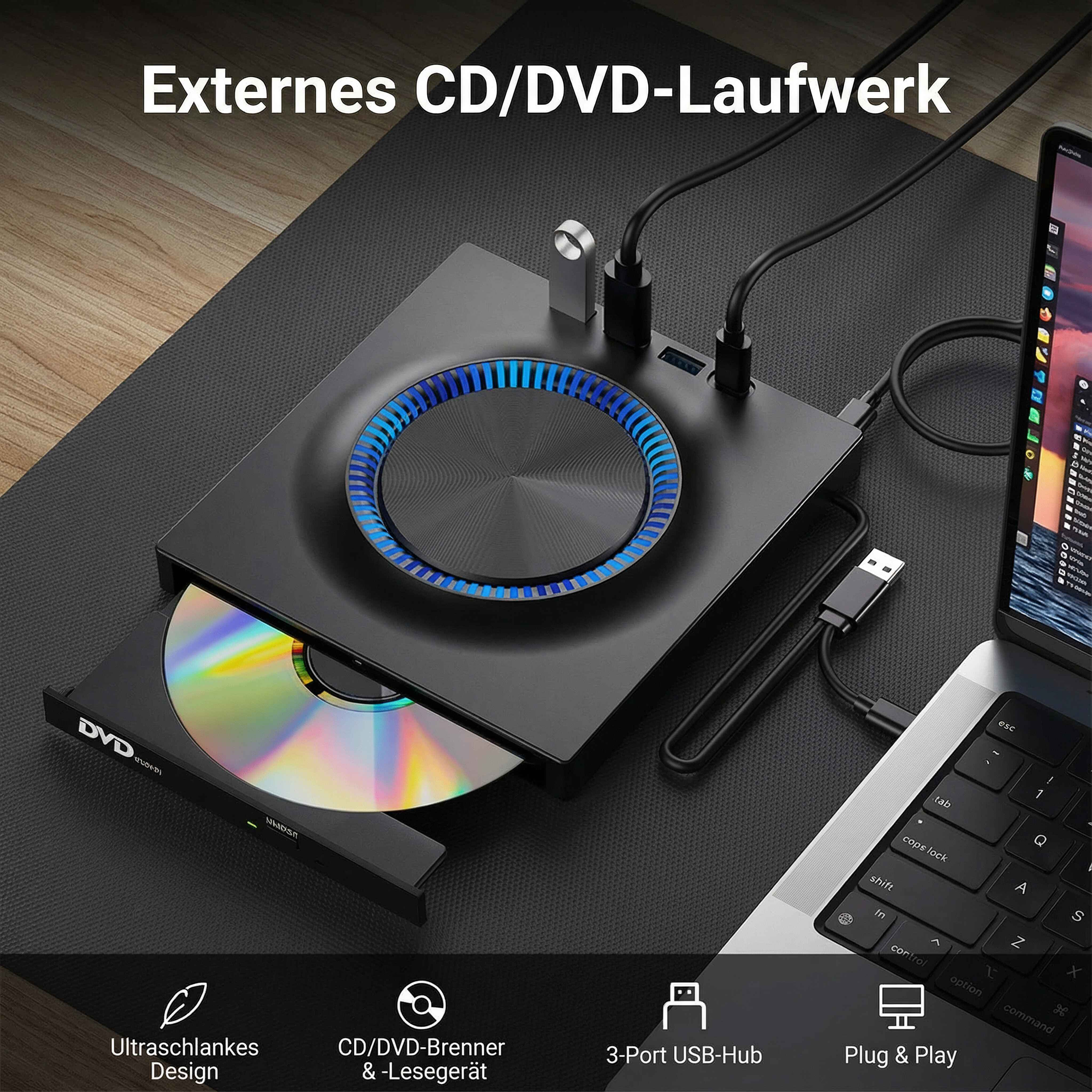 Schwarzes externes CD/DVD-Laufwerk mit silbernem USB-Anschluss, an einen Laptop angeschlossen. Eine DVD ist eingelegt.
