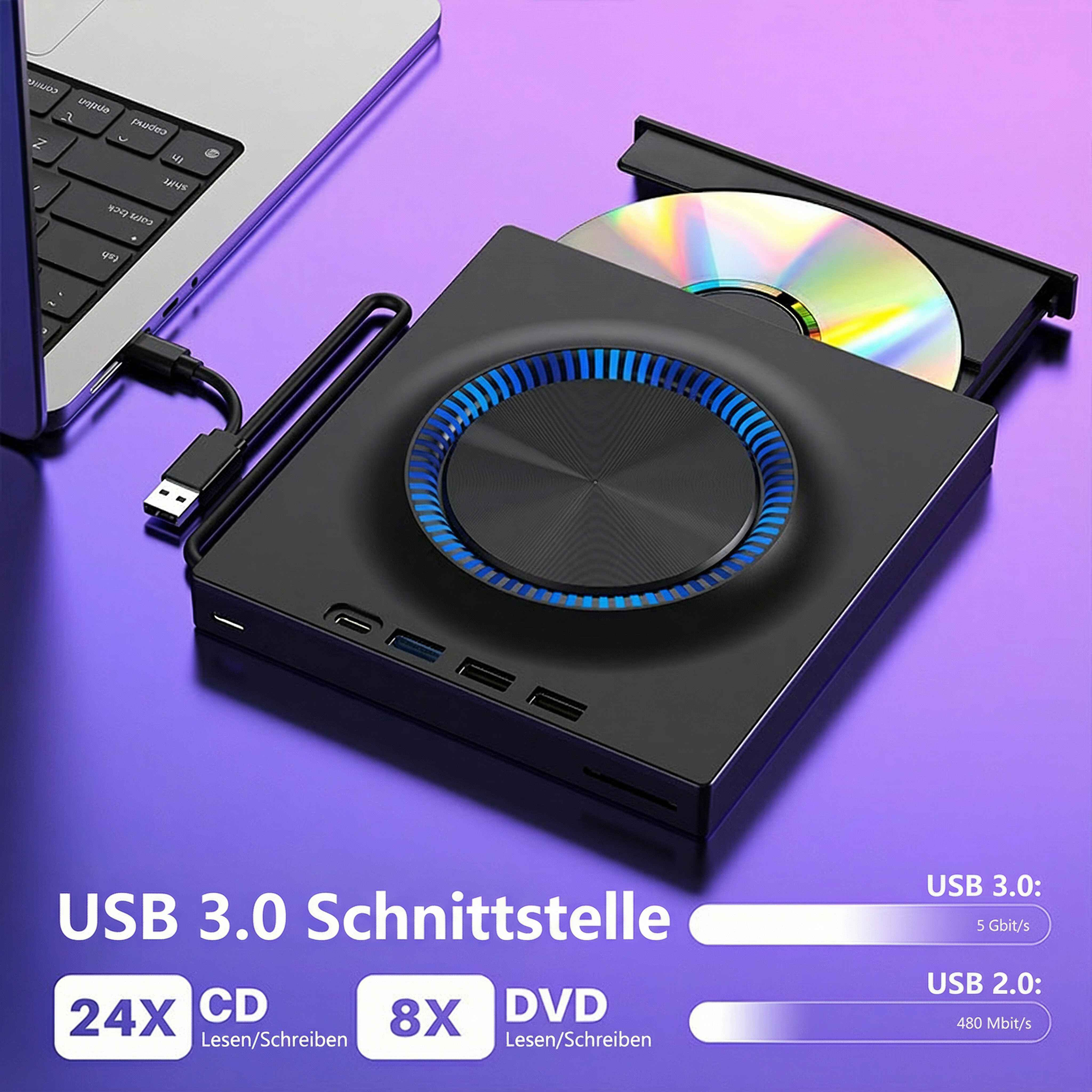Ein schwarzes CD/DVD-Laufwerk ist mit einer Disc geöffnet und mit einem Laptop verbunden. Text unten zeigt USB 3.0- und 2.0-Geschwindigkeiten.