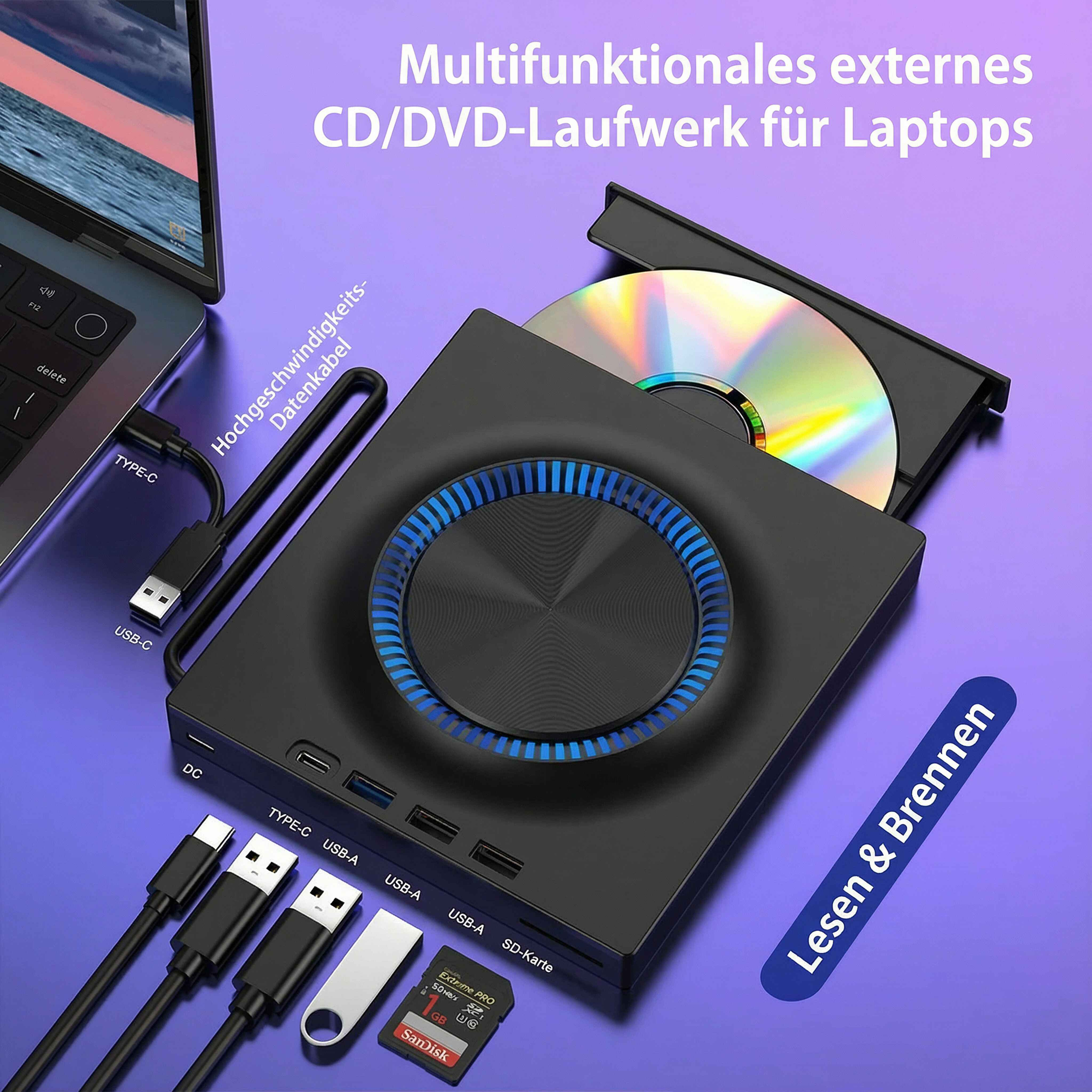 Schwarzes externes CD/DVD-Laufwerk mit Laptop, Kabeln und SanDisk SD-Karte auf lila Oberfläche. Eine CD ist eingesetzt.