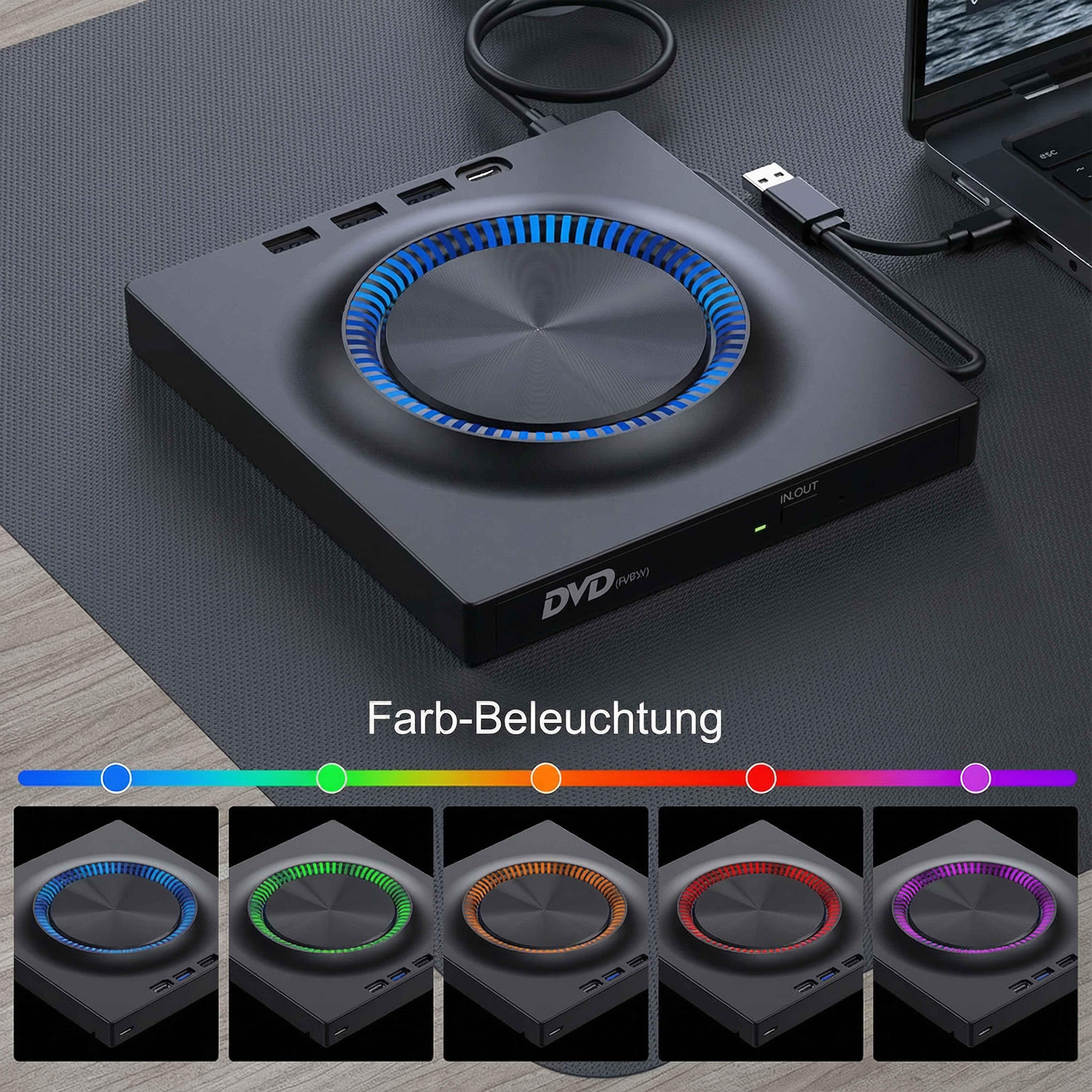 Ein schwarzer DVD-Player mit blauen Lichtern ist mit einem Laptop verbunden. Unten sind mehrere Farboptionen gezeigt.