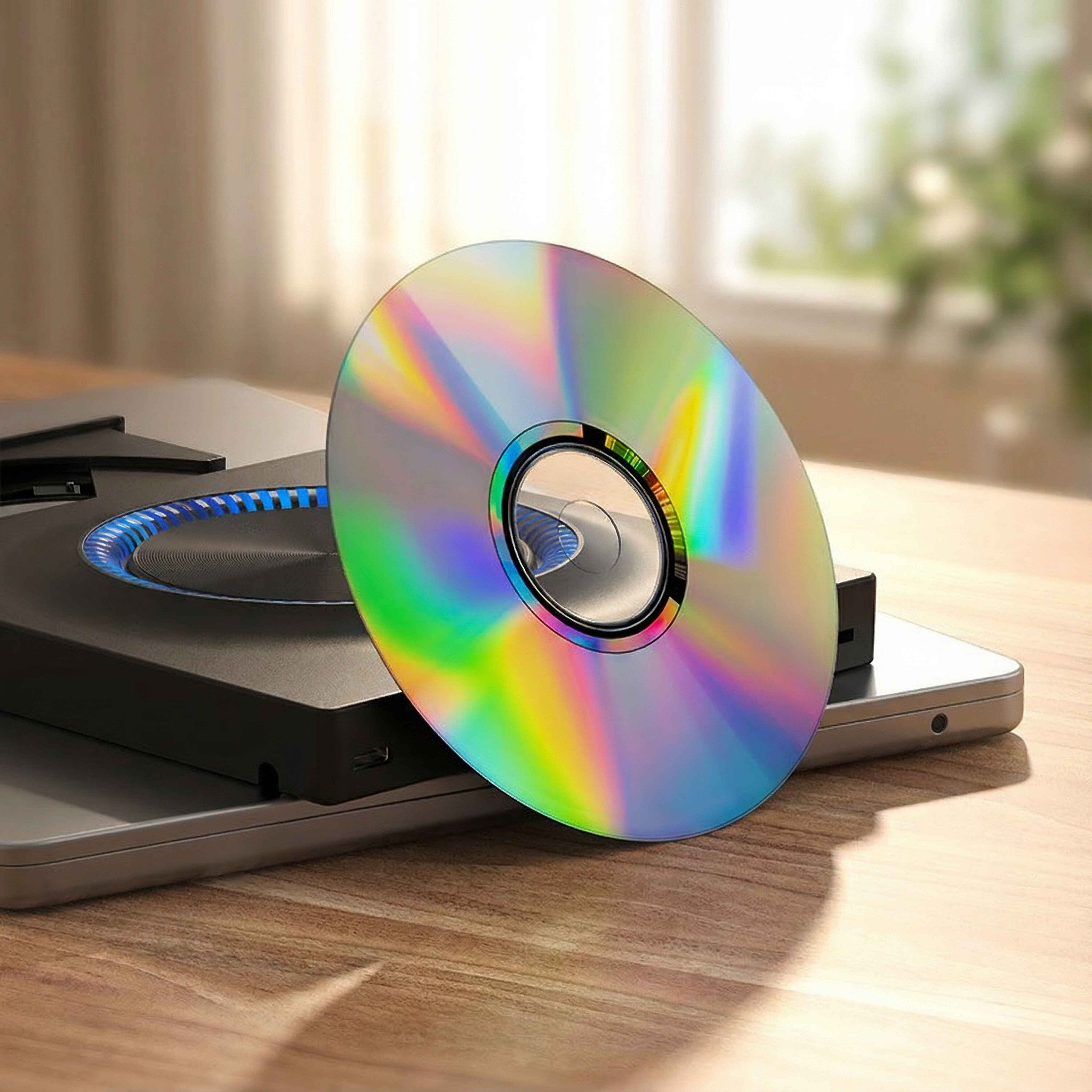 Eine CD liegt in der Nähe eines Lautsprechers auf einem Laptop. Sie reflektiert Regenbogenfarben.