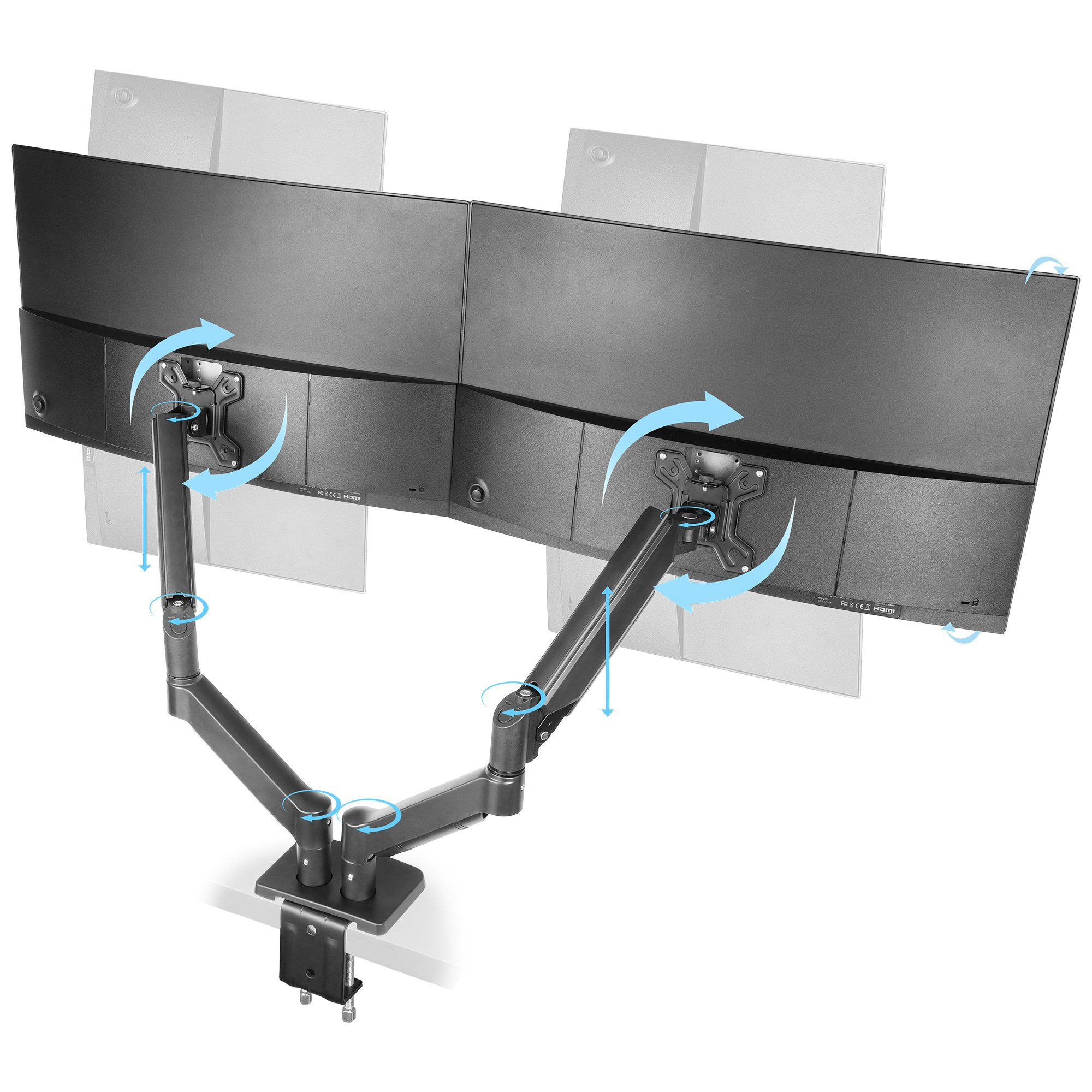 Dos monitores de computadora negros unidos a un brazo gris ajustable, montados en una mesa. Las flechas indican movimiento.