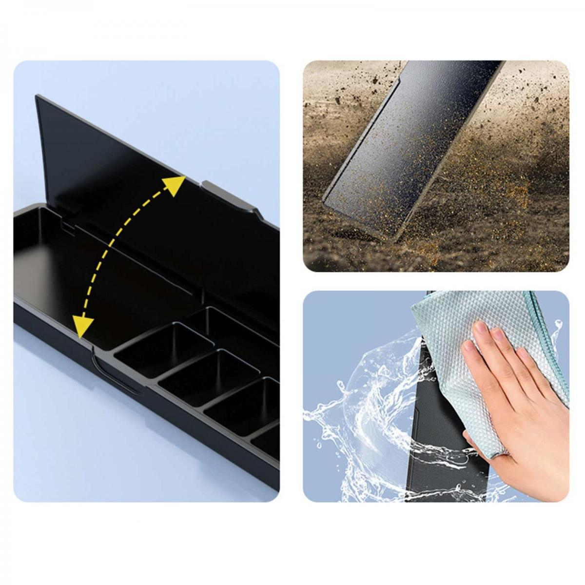 Schwarze Aufbewahrungsbox mit Fächern, ein Telefon mit Staub und eine Hand, die ein Telefon mit einem Tuch und Wasser reinigt.