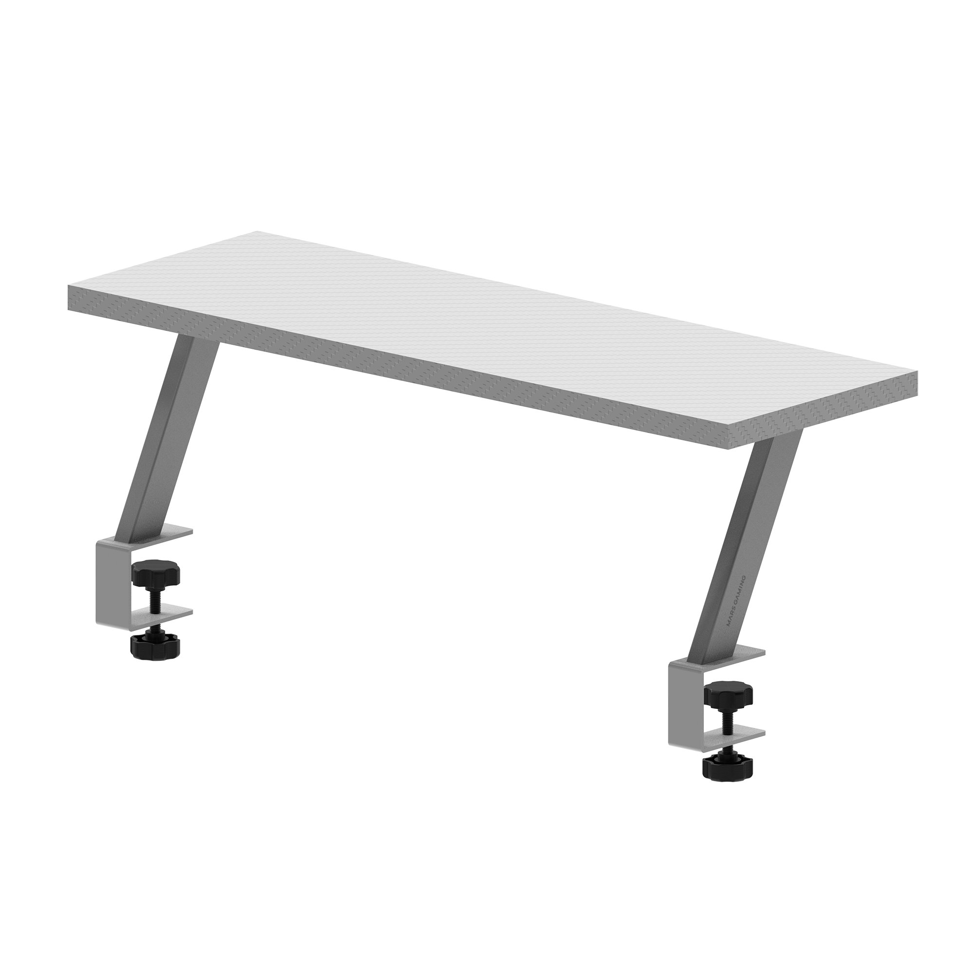 Una extensión de escritorio blanca con soportes metálicos grises y perillas de ajuste negras sobre fondo blanco.