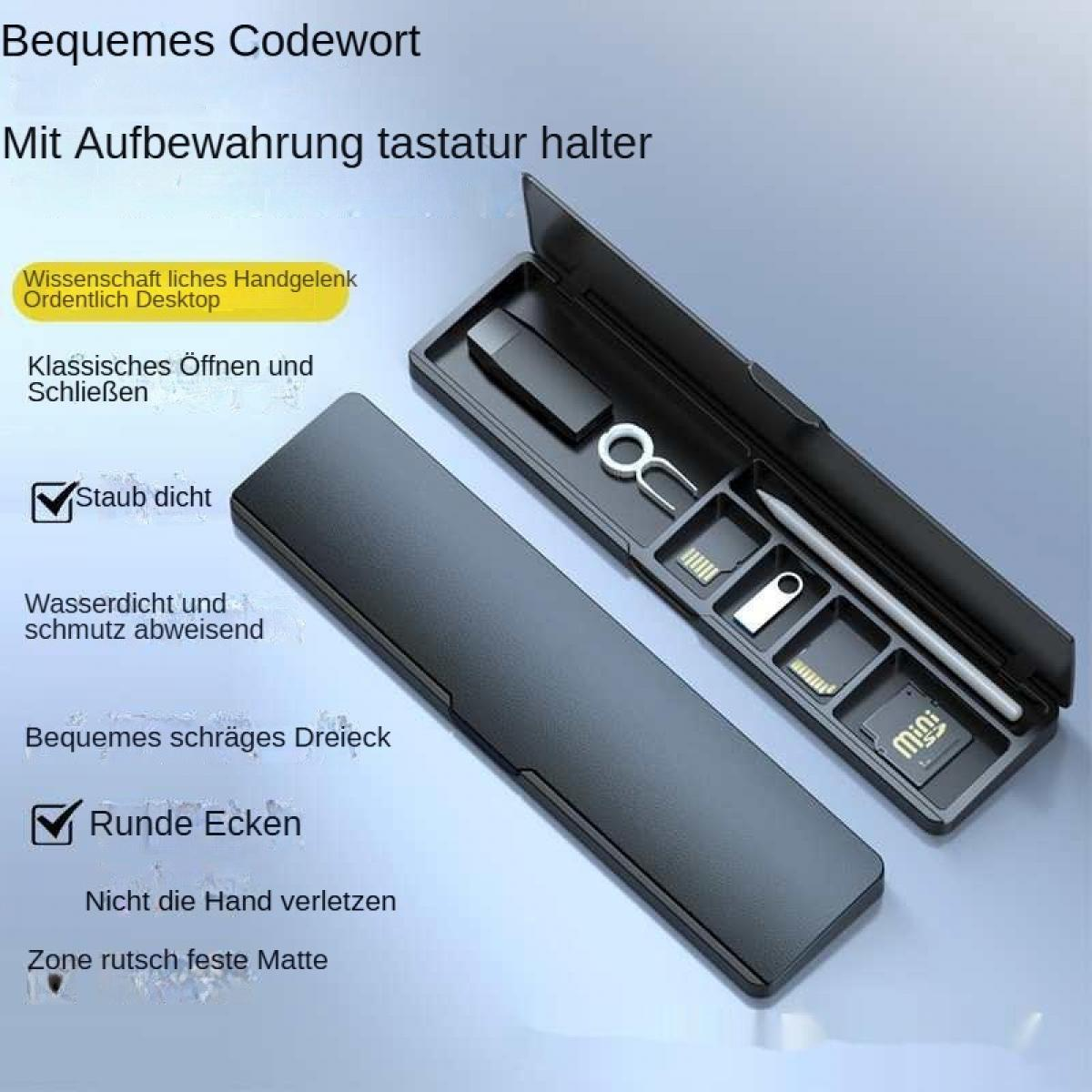 Eine schwarze Tastaturhülle ist geöffnet und zeigt einen Stift, SIM-Kartenwerkzeuge und andere kleine Gegenstände in Fächern. Text auf Deutsch.
