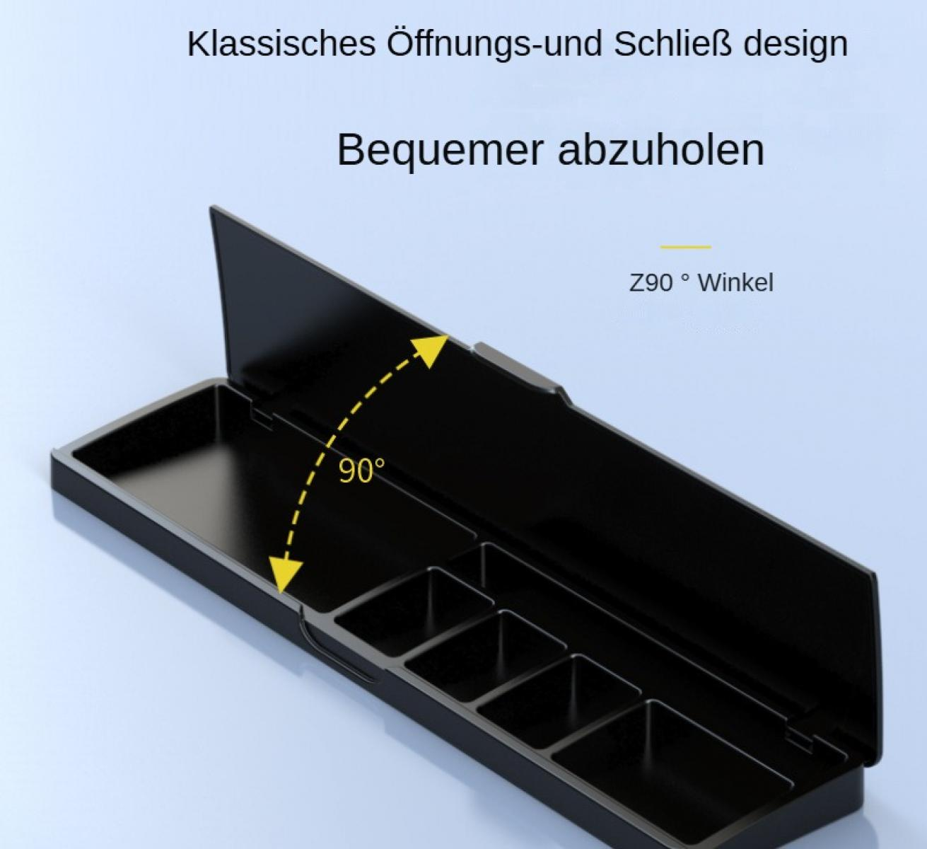 Schwarzer rechteckiger Behälter mit offenem Deckel, der einen 90-Grad-Winkel zeigt. Text: Klassisches Öffnungs- und Schließdesign.