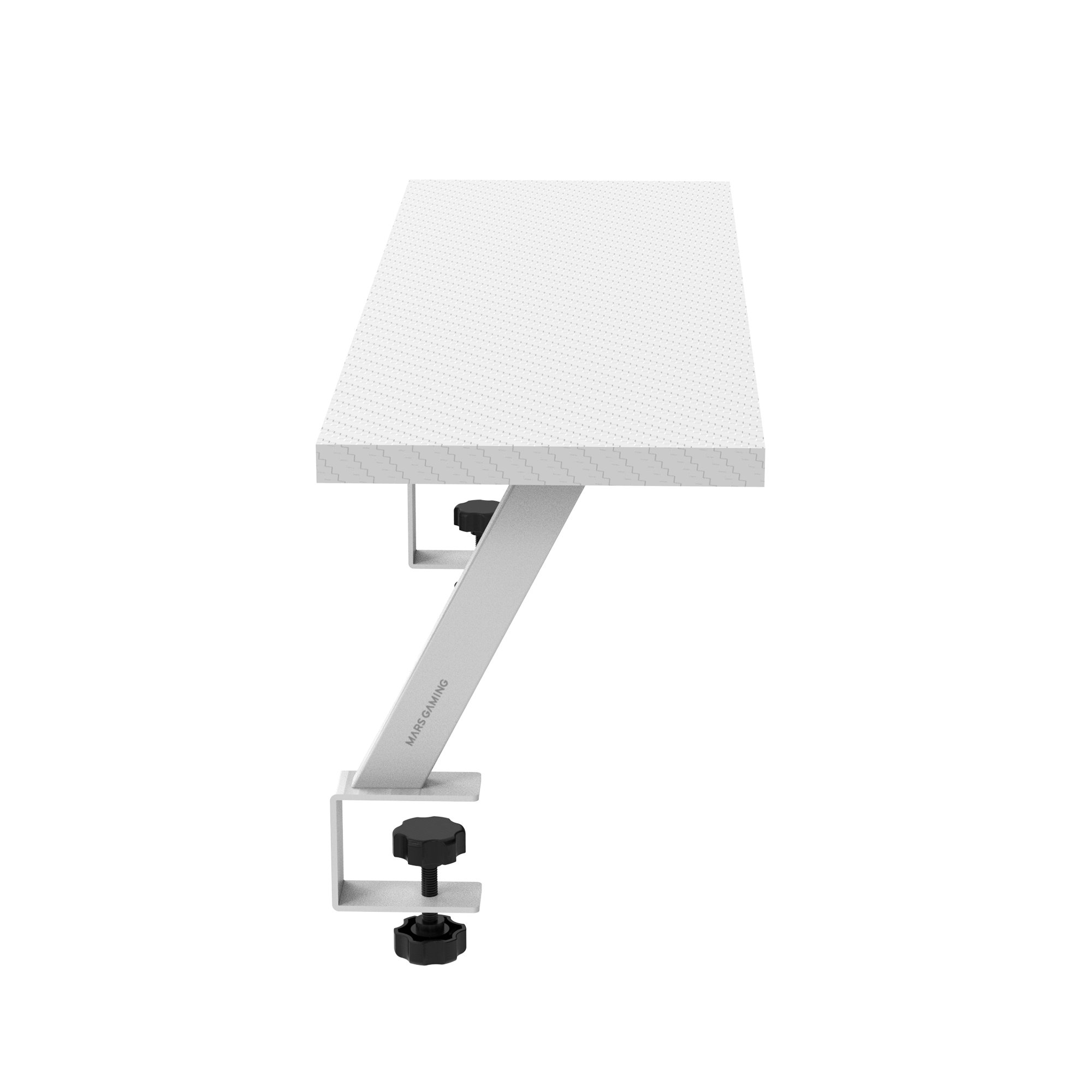 Escritorio gaming blanco con superficie texturizada, soportes plateados y perillas negras sobre fondo blanco.