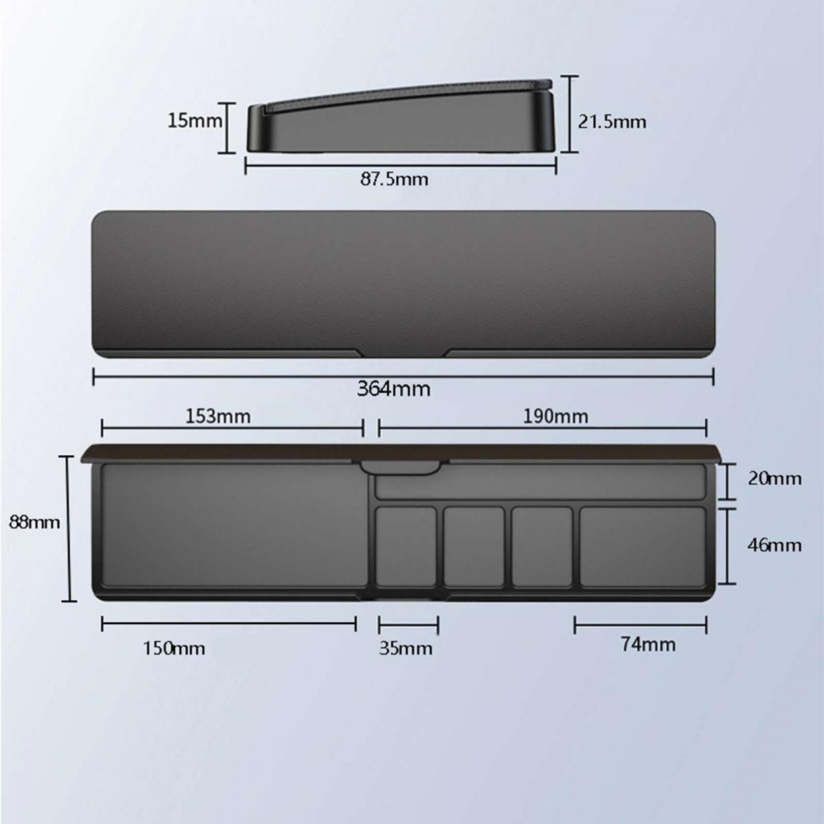 Diagramm eines schwarzen Schreibtischorganizers mit Maßangaben. Draufsicht zeigt den Deckel, den Hauptkörper und einen offenen Bereich.