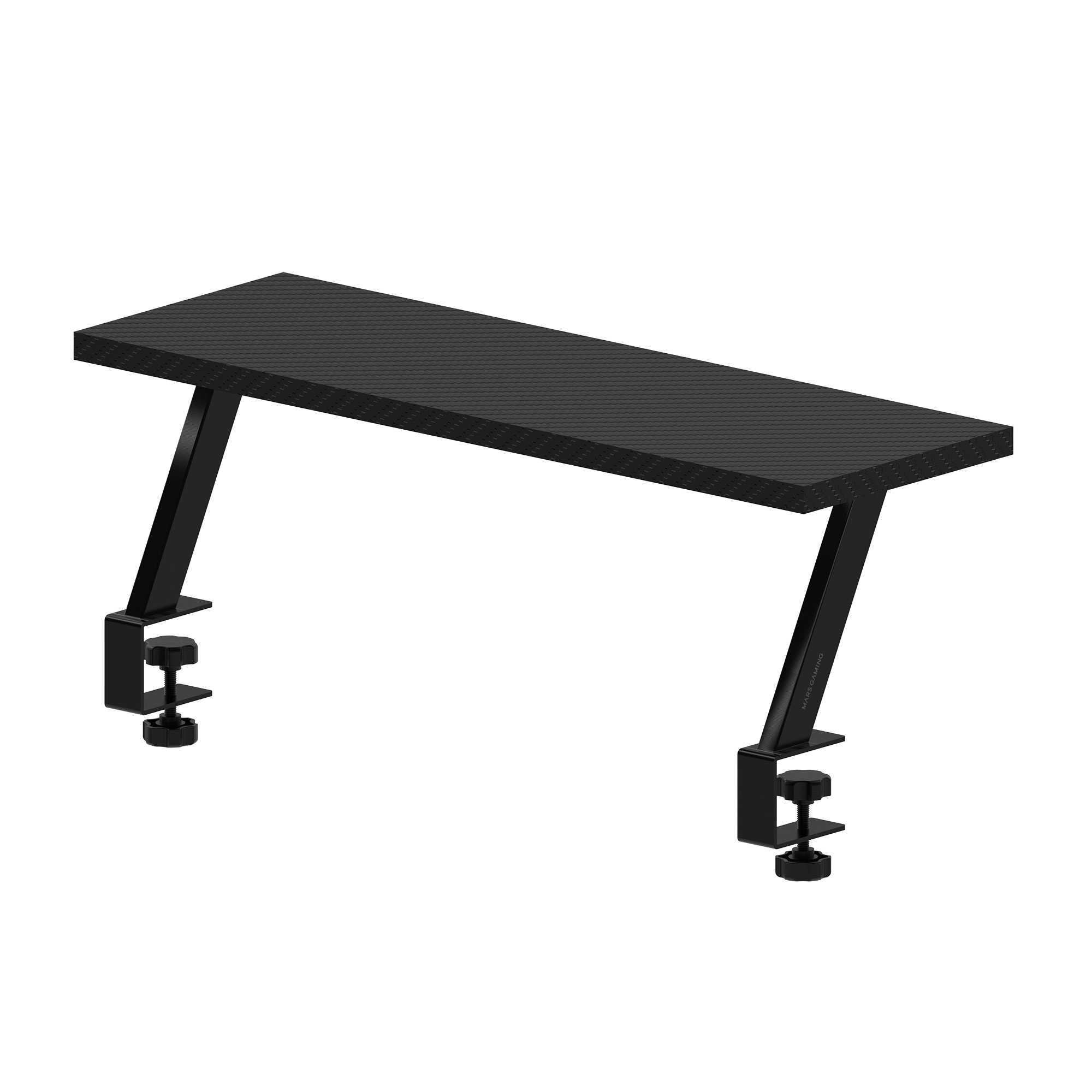 Accesorio de escritorio negro con superficie texturizada, soportado por patas y abrazaderas negras, sobre fondo blanco.