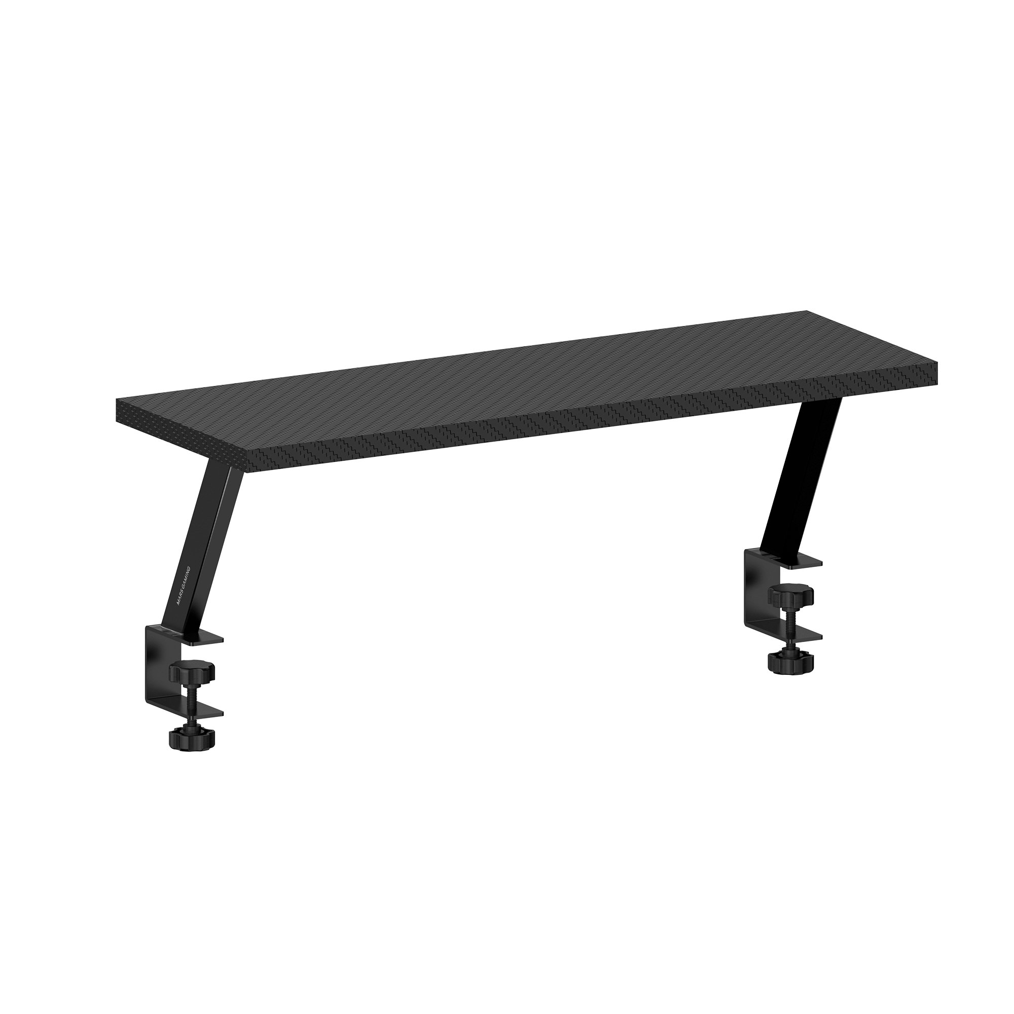 Extensión de escritorio negra con superficie texturizada, soportada por patas y abrazaderas de metal negro, sobre fondo blanco.