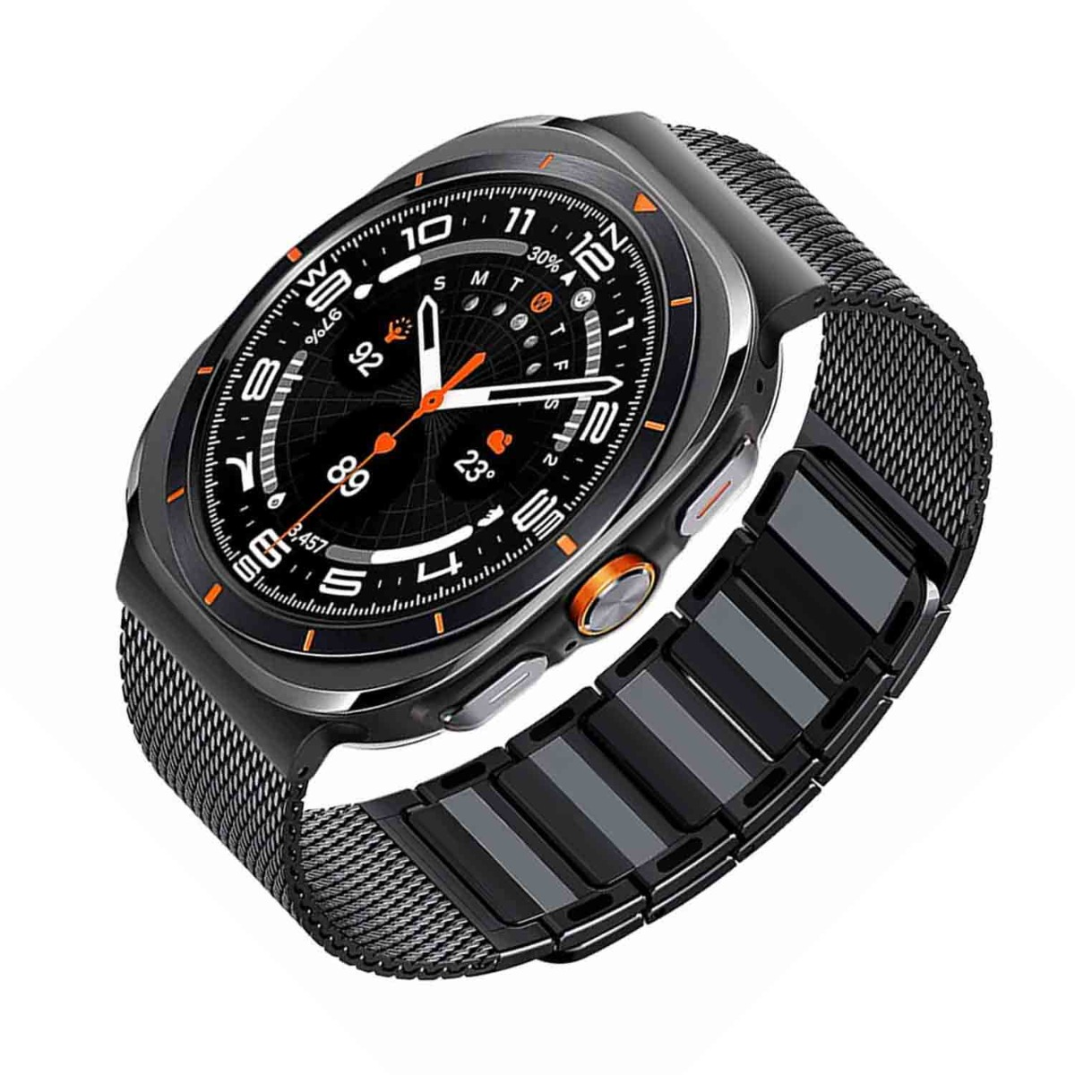 Eine moderne Smartwatch mit schwarzem Metallband und rundem Digitaldisplay, das Zeit und Gesundheitsdaten anzeigt.