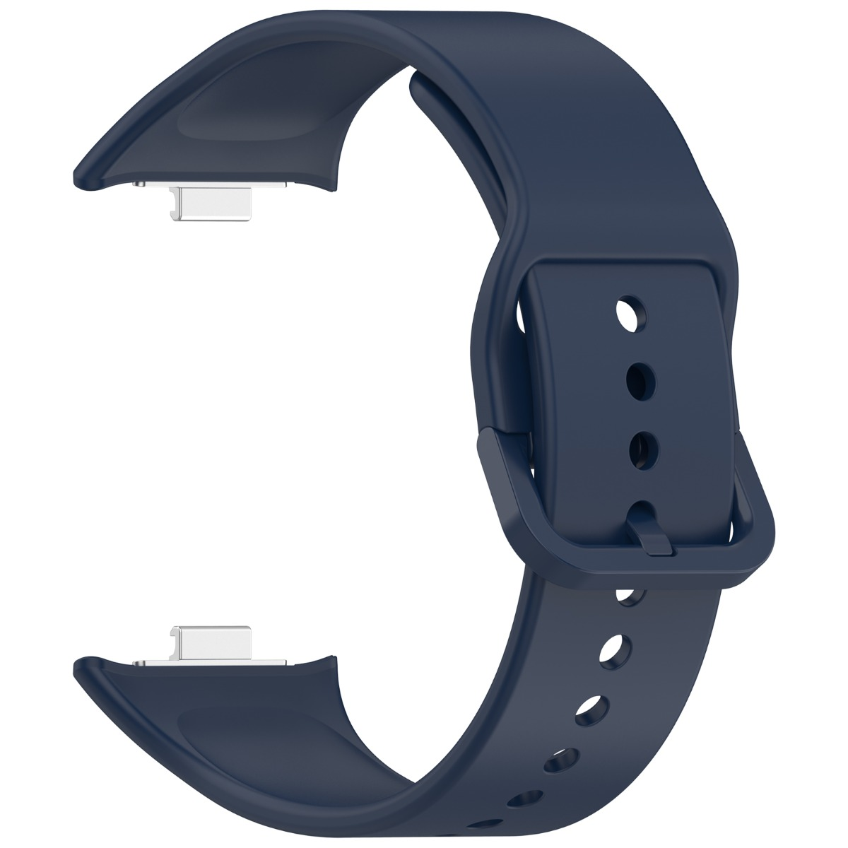 Un cinturino per smartwatch blu scuro con fibbia e due connettori. Il cinturino è curvo e ha più fori per la regolazione.