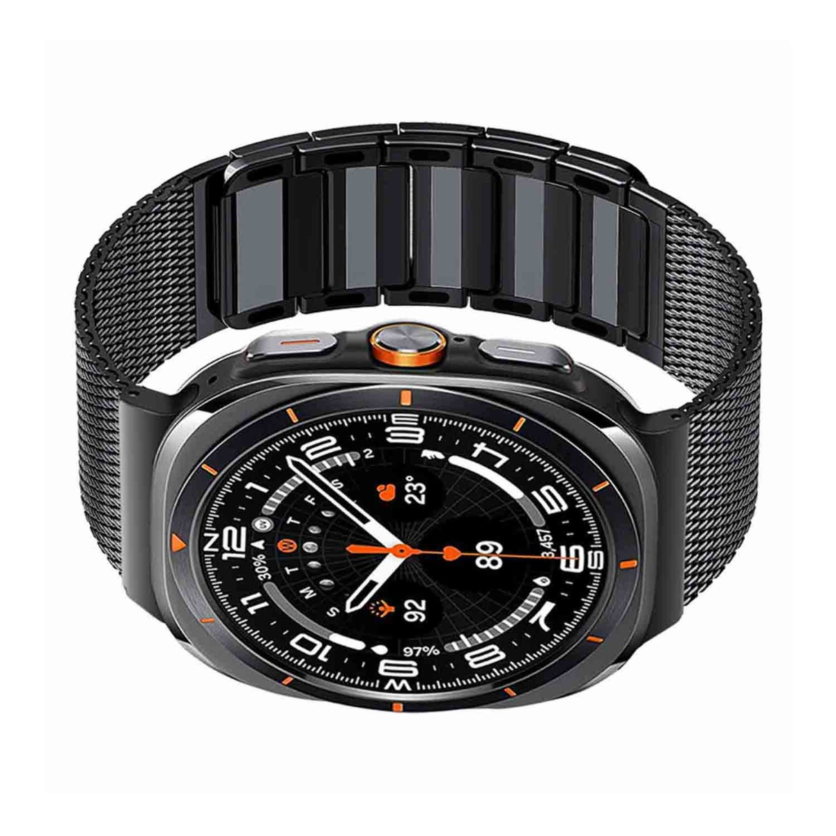 Eine schwarze Smartwatch mit Mesh-Armband. Das Zifferblatt zeigt Zahlen und Symbole in Orange und Weiß auf schwarzem Hintergrund.