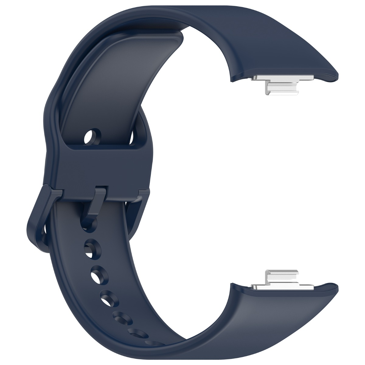 Un cinturino blu navy. Ha una fibbia, dei fori e connettori metallici. Il cinturino è curvo. Lo sfondo è bianco.