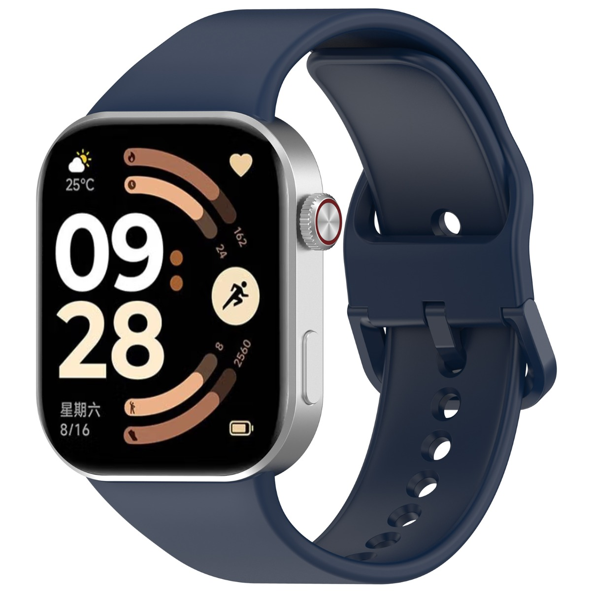 Uno smartwatch con cassa argentata e cinturino blu navy. Il quadrante mostra ora, data, meteo e dati di attività.