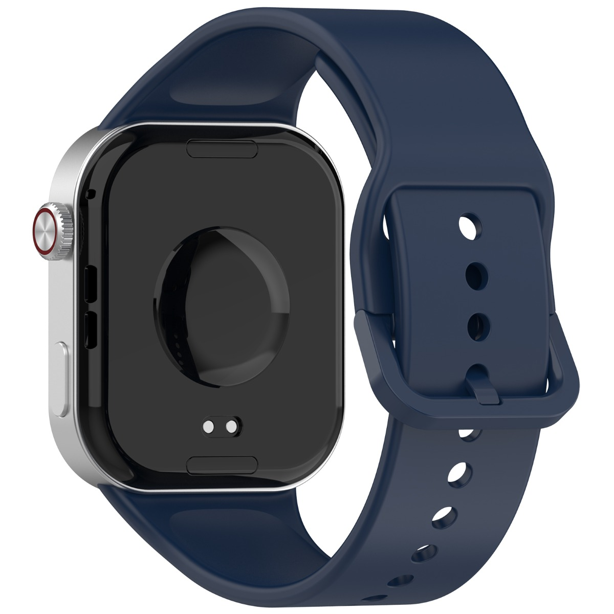 Uno smartwatch con cornice argentata e schermo nero con cinturino blu. Il cinturino è allacciato.