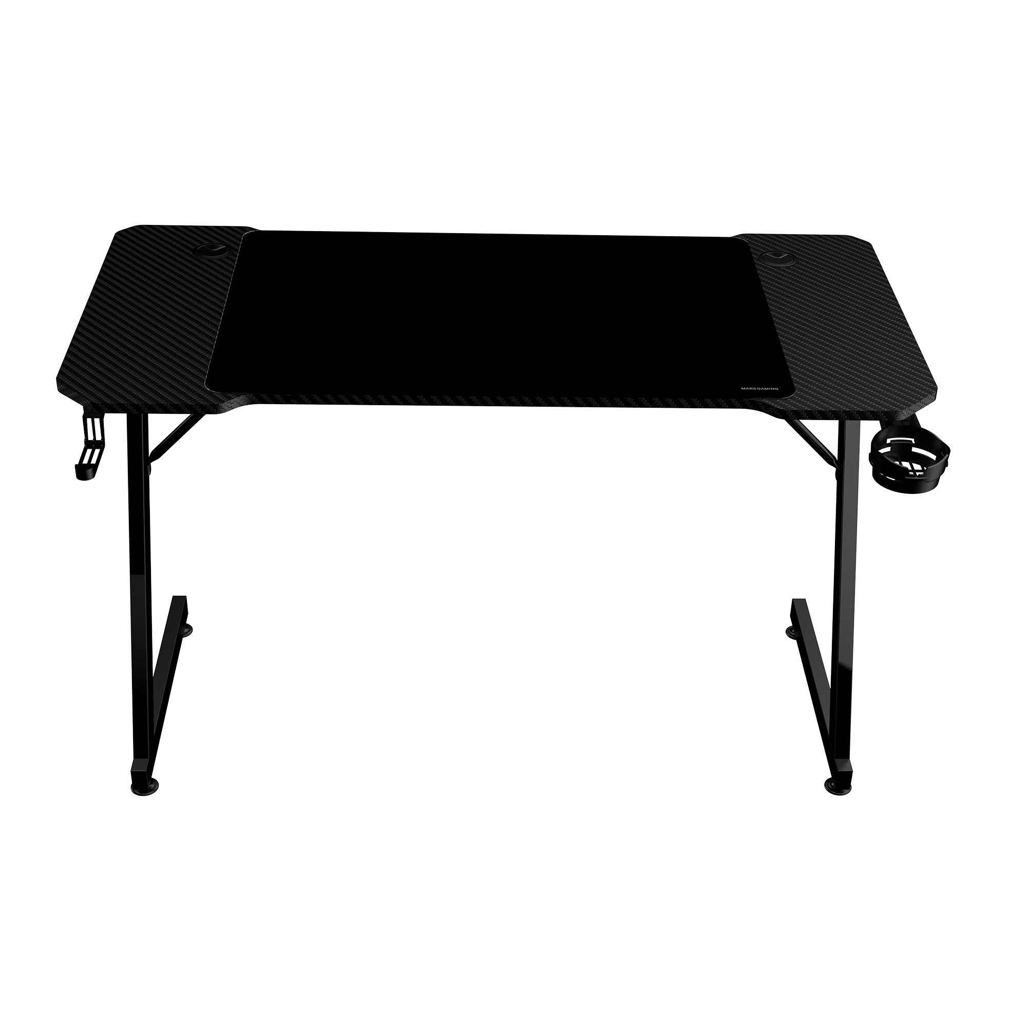 Un escritorio negro para juegos con una parte superior y patas de fibra de carbono. Tiene un portavasos y un gancho para auriculares.