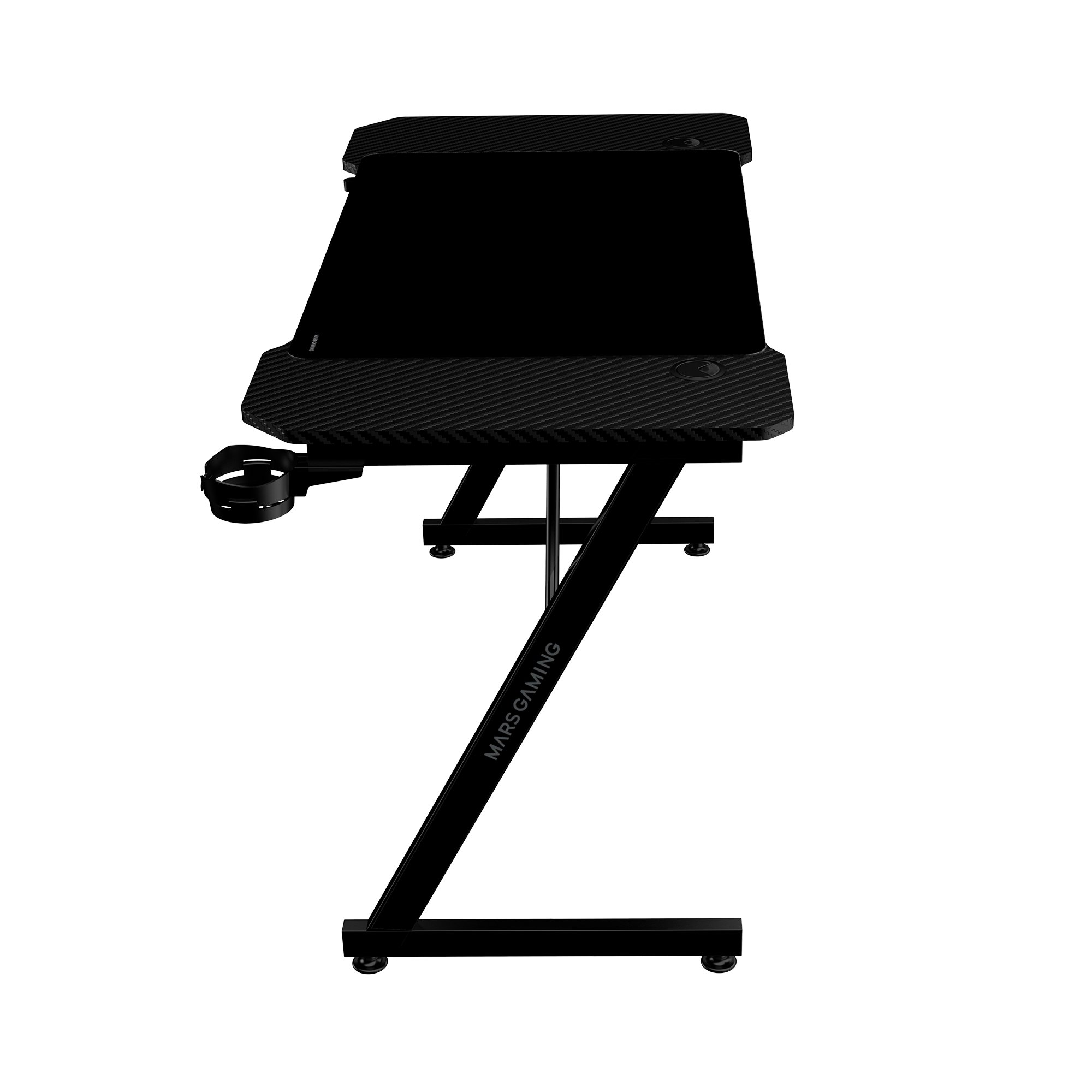 Escritorio gaming negro con tapa de fibra de carbono y patas en Z, marca 'MARS GAMING' visible.