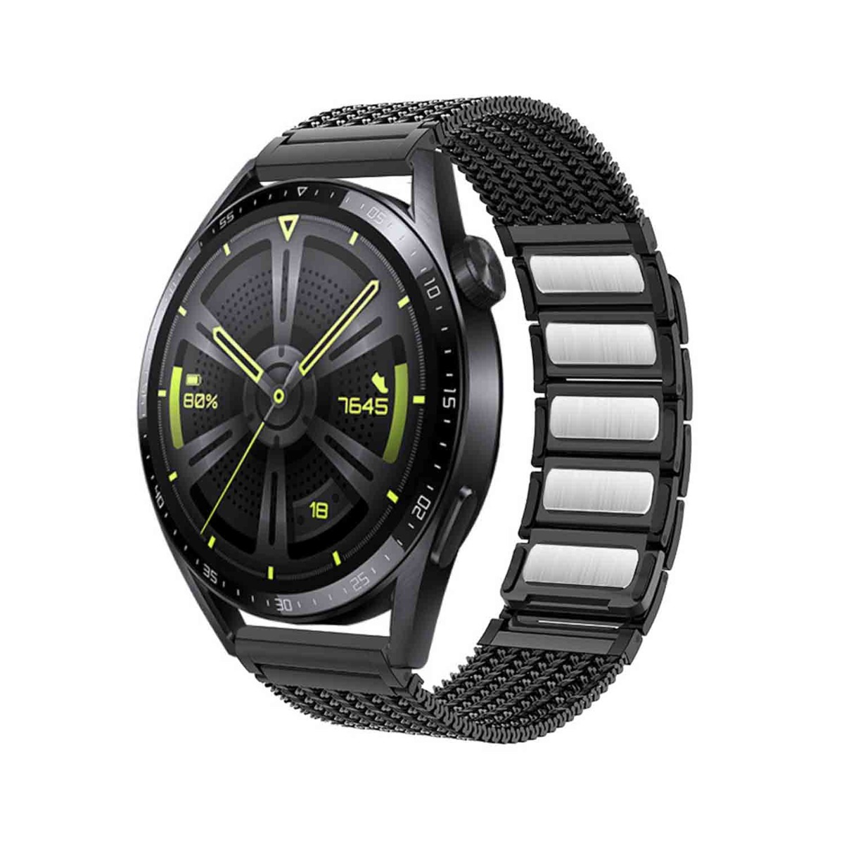Uno smartwatch nero con cinturino a maglie e maglie metalliche. Il quadrante mostra l'ora e la batteria. Lo sfondo è bianco.