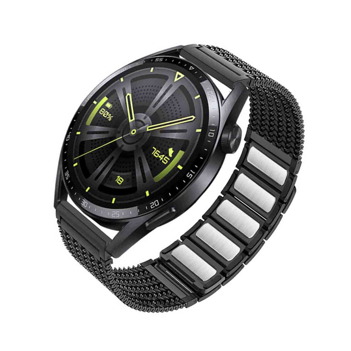 Smartwatch nera con cinturino metallico. Il quadrante mostra ora e batteria. Design moderno, con schema di colori nero e argento.