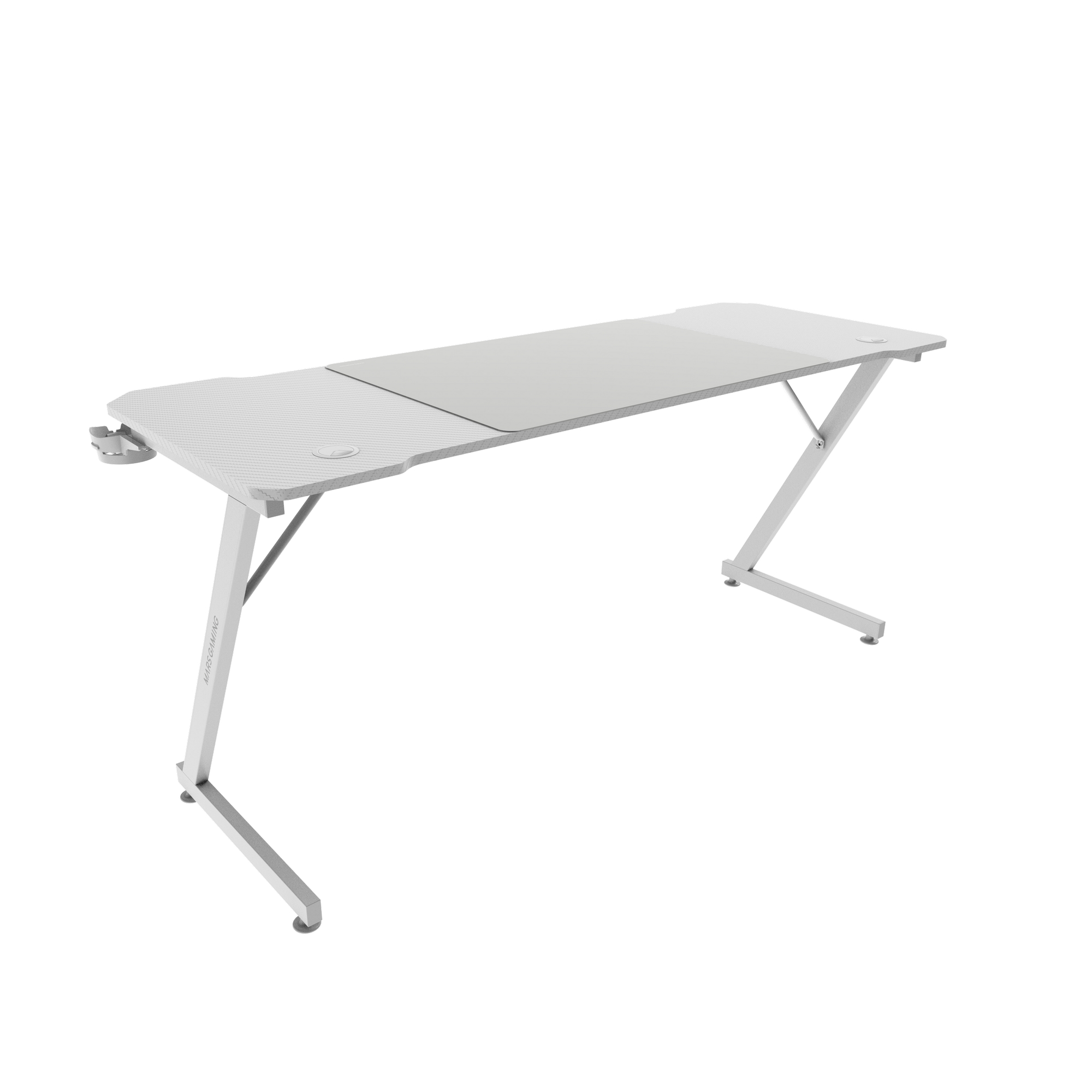 Un escritorio de juegos blanco con tapa gris y patas en forma de Z, aislado sobre blanco.
