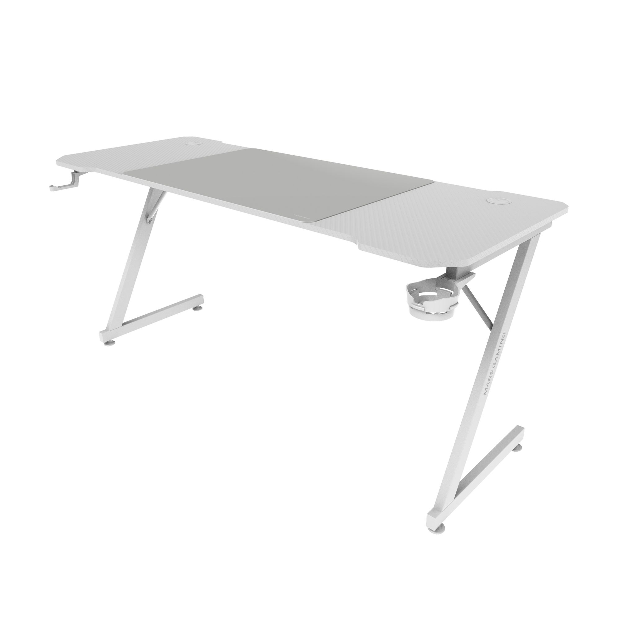 Escritorio gaming blanco con sección gris en el medio. Con portavasos, gancho para auriculares y patas en Z.