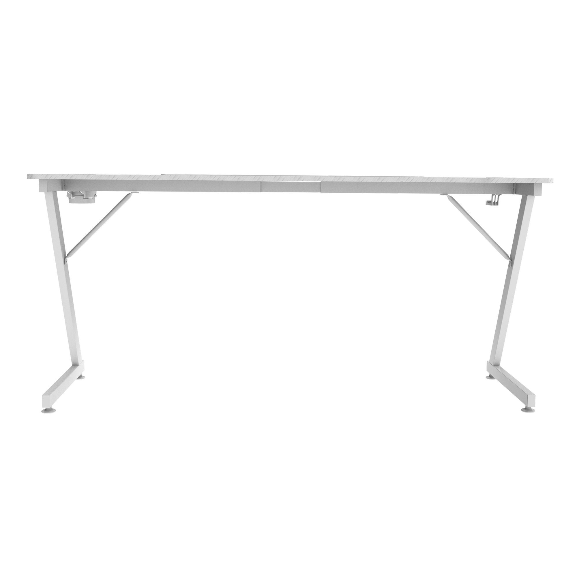 Un escritorio blanco con tapa rectangular y patas anguladas. El fondo es blanco.
